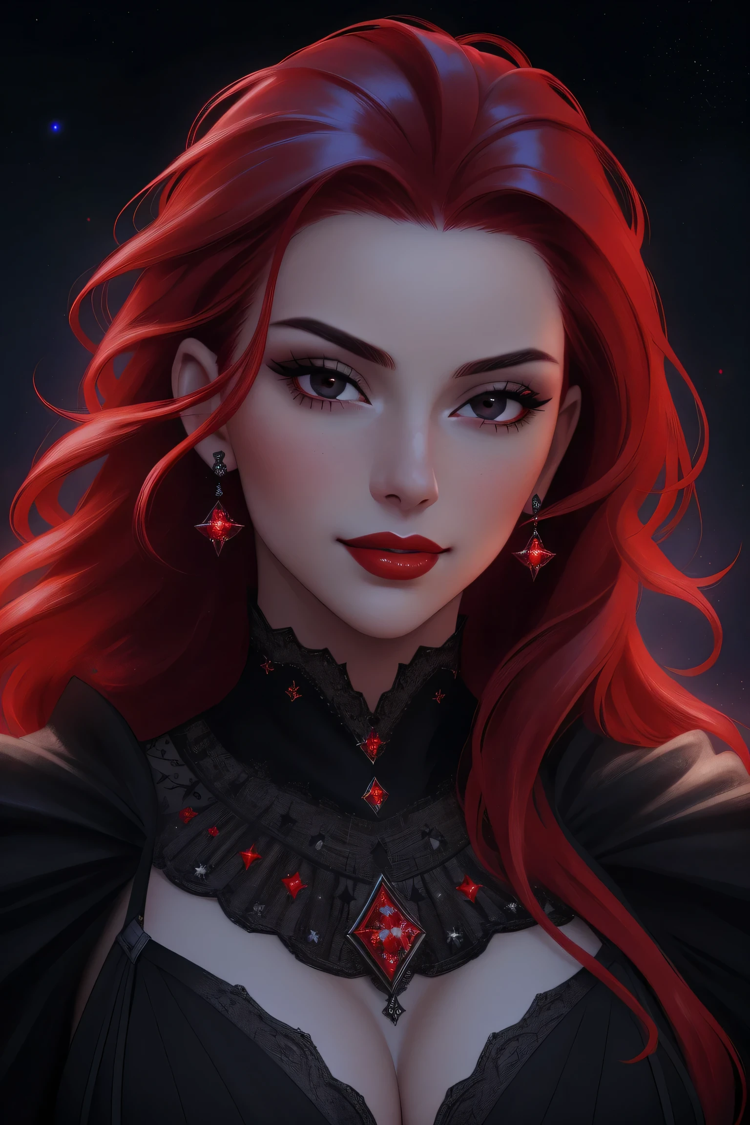(Masterpiece - Ultra-Detailed, High Resolution)  ((vivid red hair)), mature woman, 30 years old, diamond face, red starry sky background, depth of field, magic, big red lips, ((dark and black eyes)) black and red long and full dress, covered chest, mystical atmosphere, ominous shadows, Intense blue aura, Intense red aura (best quality:1.2), absurdres, intricate details, (highly detailed skin:1.2), smile expression, posing, taut and well defined body, attractive. Highly realistic, white skin, beautiful, hyperrealism, skin very elaborated, direct gaze.