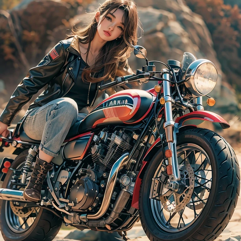 (Riding a motorcycle:1.37), (I ride a Yamaha SR400:1.37), (Accurate depiction of the motorcycle:1.37),Running in the desert、Hair flows、 ((highest quality、masterpiece、8k、best image quality、ultra high resolution、Award-winning work)、(close-up of woman&#39;s face:1.35)、(close-up of naked face:1.3)、(accurate anatomy:1.1)、(look at me and smile:1.1)、Shining fair skin with ultra high resolution、most detailed face、ultra high resolution detailed face、ultra high resolutionの髪の毛、(ultra high resolutionの煌めく瞳:1.1)、Beautiful face drawn in every detail、(blurred background:1.1)、wear jeans pants, rider jacket, shoulder out, chest together, tattoo 