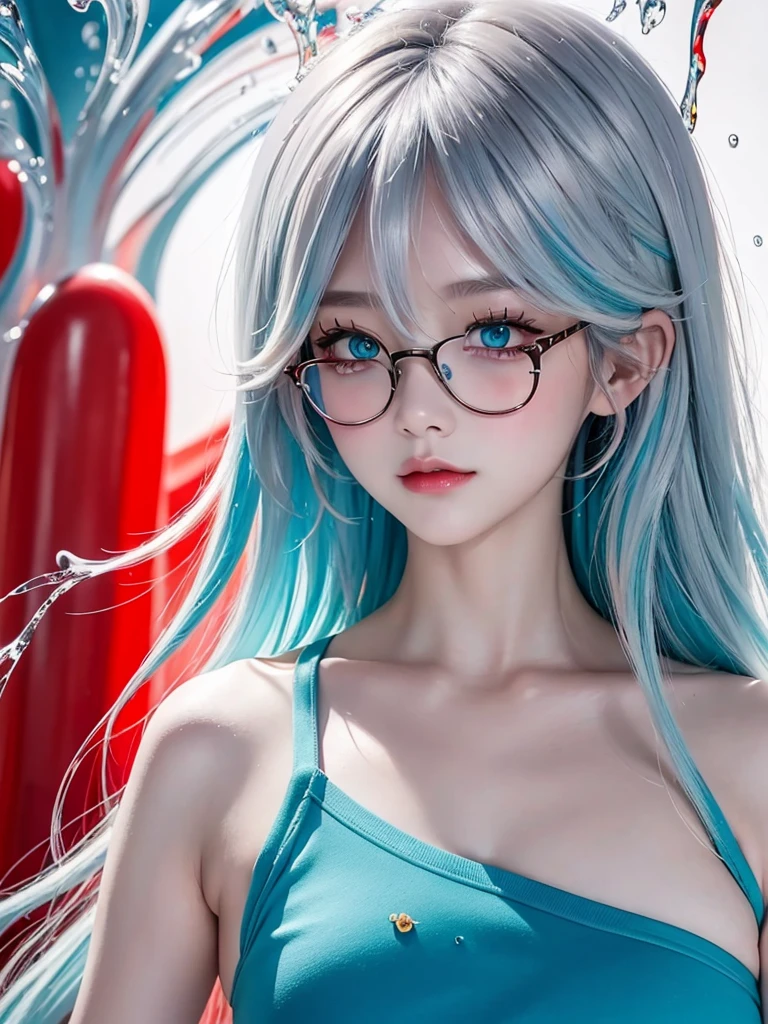 (masterpiece, best quality, high resolution), anime style, White background, acrylic paint, ((splash of color, splash ink, splash of color)), Sweet Chinese girl, Long Grayish blue hair, [Grayish blue|green] hair, Light blue eyes，Red Half-rimmed Glasses，Curly hair, flash, Peach lips, White shirt, front, Upper body
