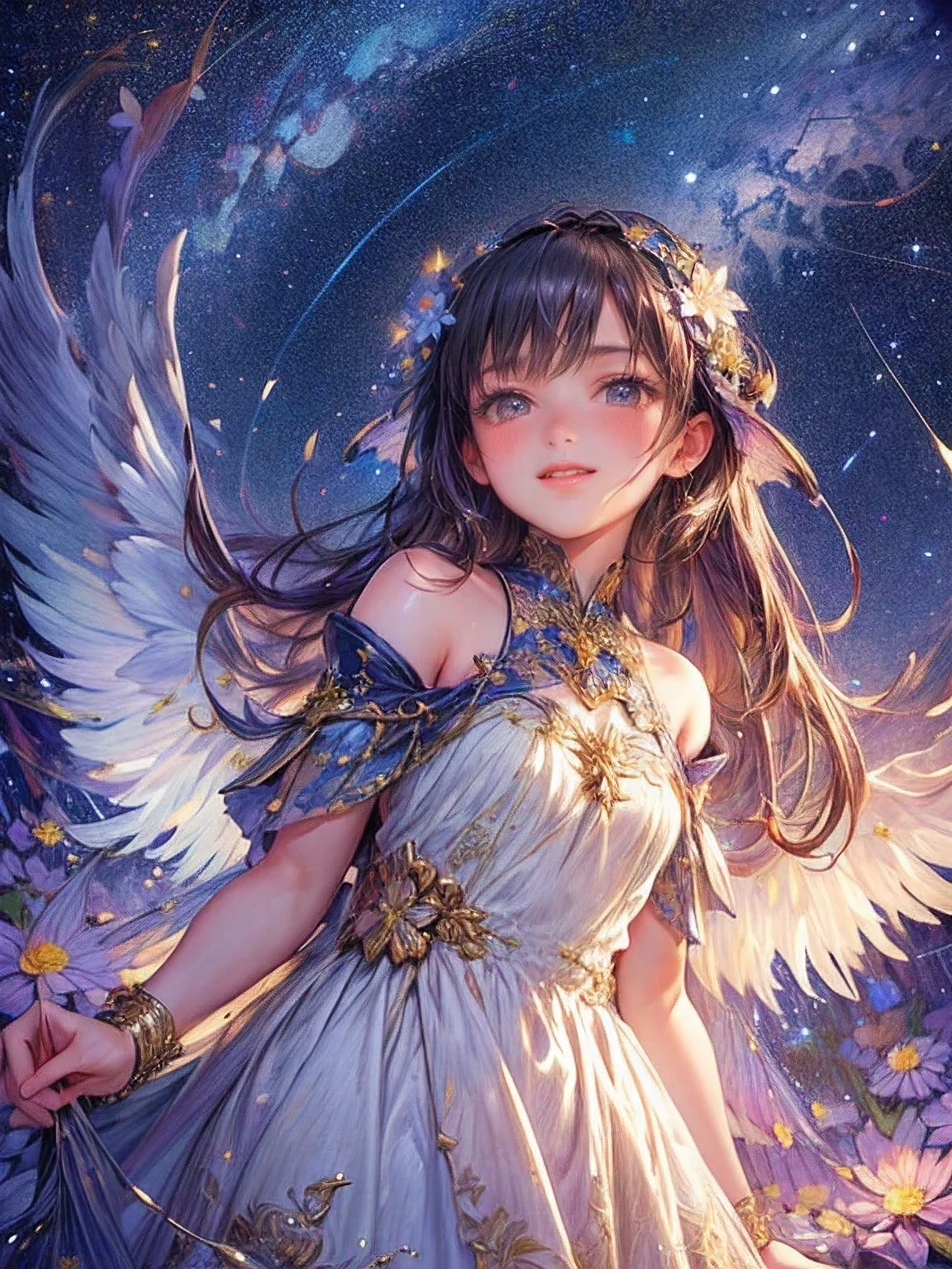 masterpiece:1.2, 8k, highres, ultra-detailed, (beautiful cute girl), (faily ornament), (faily dress), (faily wings:1.2), ((many faily)), ((many flowers)), ((starry night landscape)), (beautiful world), (fantasy world), gently smile, sparkling eyes, shining lips, Soaring pose, sparkling Milky Way, soft touch illustration