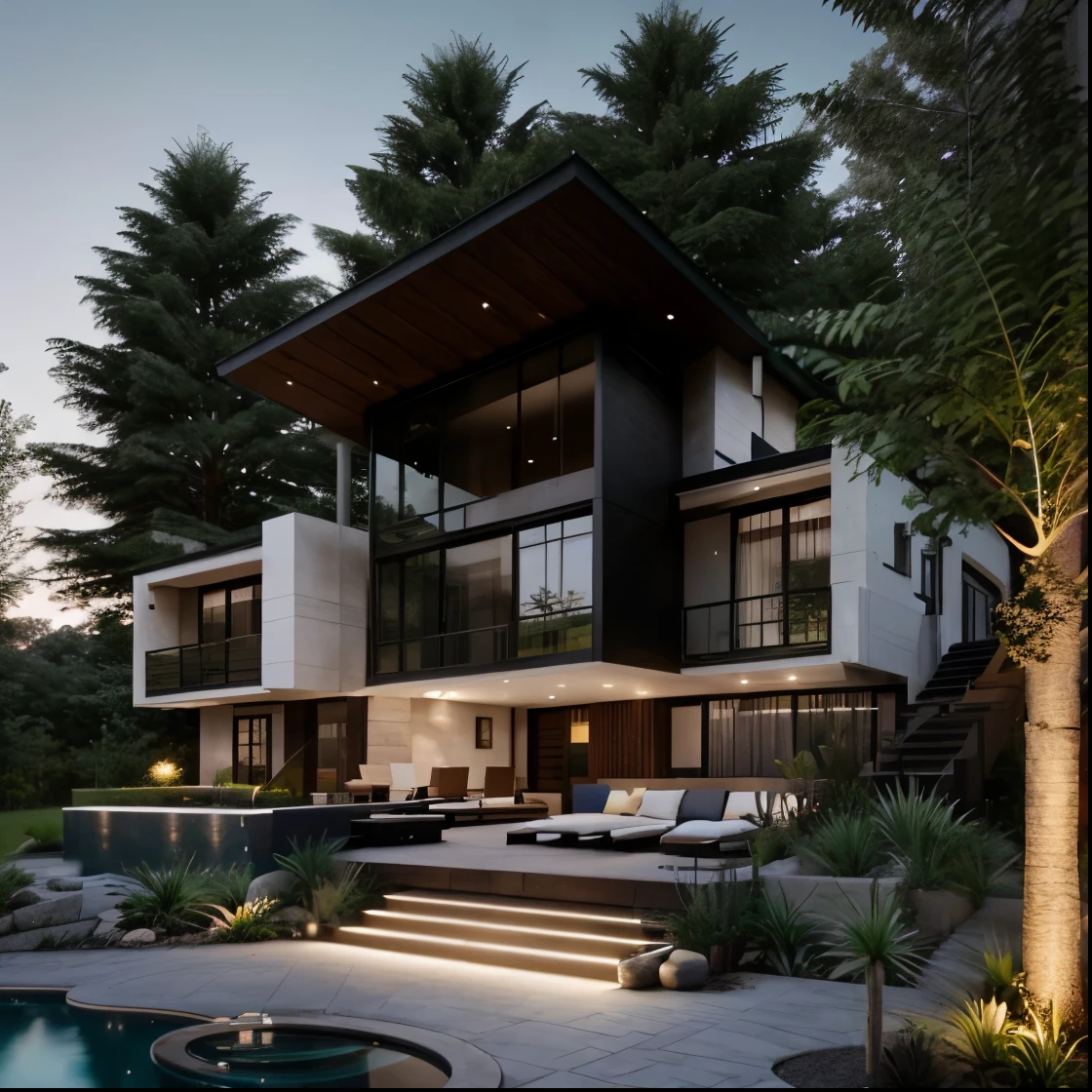 A modern construction for a house in a luxury condominium, Contemporary architecture The look is beautiful with supporting pillars, Acabamento Brisa, Wooded area with trees behind the building, ultra realistic, detalhes intrincados, cinematic lights, 8k
