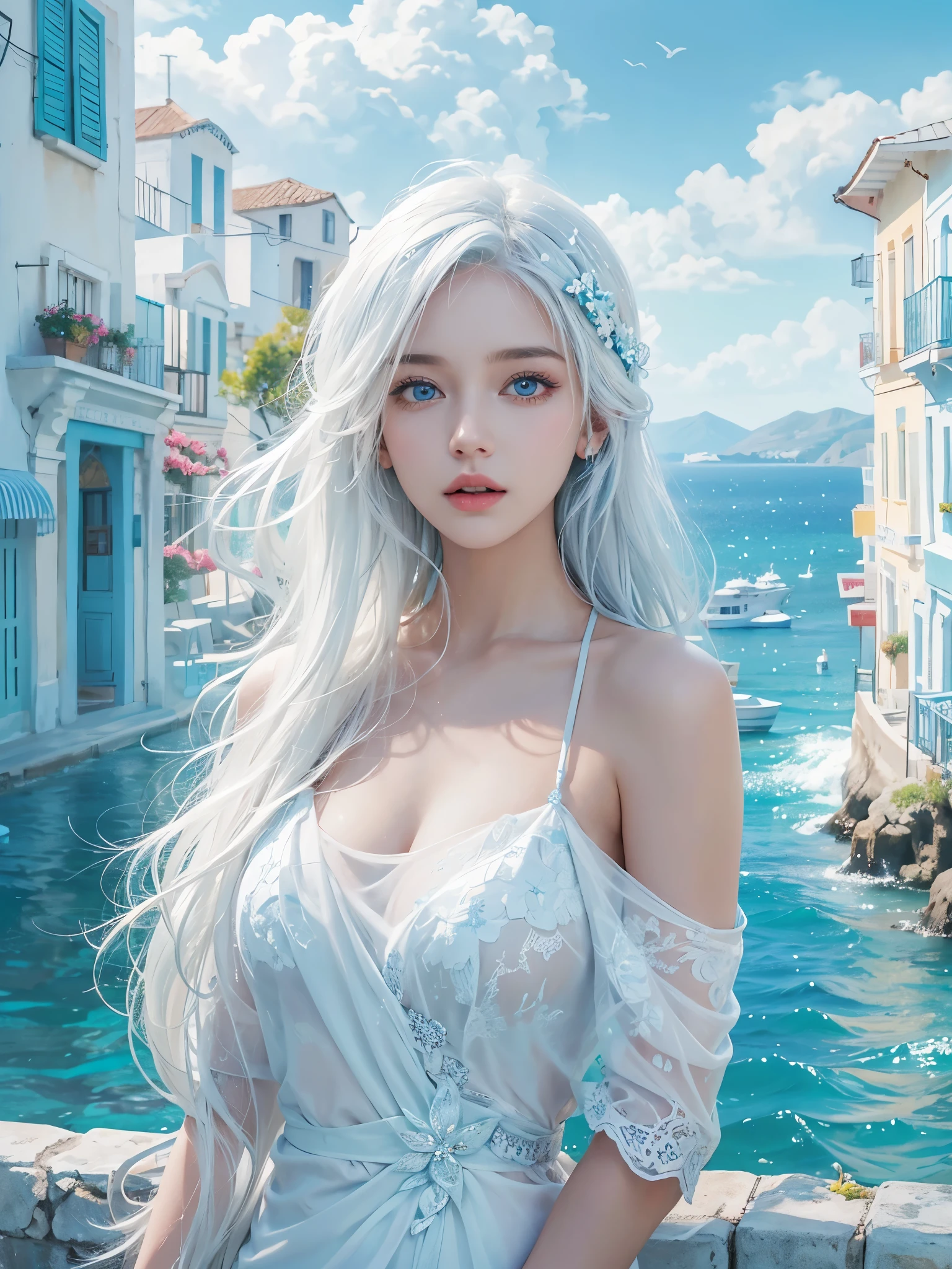 "Highest quality, like a photograph,High quality, 8k resolution",A beautiful 19-year-old girl,Wearing a light blue bikini,Very elegant and futuristic fashion,Generate a photorealistic image that captures a breathtaking scene by the azure sea,The girl should have ethereal white hair flowing beautifully in the sea breeze,Her sky-blue eyes should reflect the tranquil Mediterranean ambiance,Background town with narrow streets, whitewashed buildings topped with blue domes, typical of the Greek Isles,The scene blends vibrant colors of the sea, the peaceful quaintness of the town, and the elegant figure,Very clear background,Blue and white color theme
