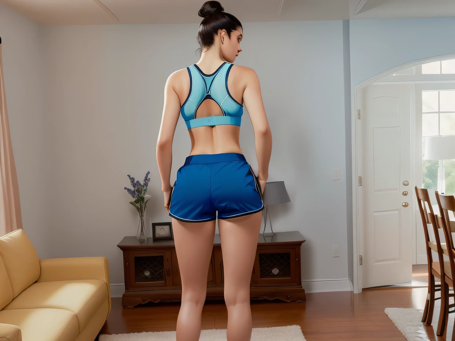 une femme brune dans une salle de sport , dans une tenue de sport verte avec un haut croc top et un legging , en train de tourner ses fesses vers l'appareil, corps entier tourné sur un appareil photo sony a7r5 objectif 35 mm, très détaillé, très réaliste, corps frais, la photographie, mode, cinématique, photo