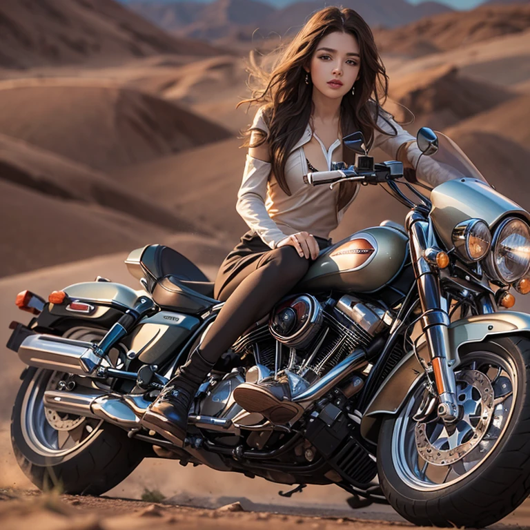 Riding a Harley Bike、Running in the desert、Hair flows、 ((highest quality、masterpiece、8k、best image quality、ultra high resolution、Award-winning work)、(close-up of woman&#39;s face:1.35)、(close-up of naked face:1.3)、(accurate anatomy:1.1)、(look at me and smile:1.1)、Shining fair skin with ultra high resolution、most detailed face、ultra high resolution detailed face、ultra high resolutionの髪の毛、(ultra high resolutionの煌めく瞳:1.1)、Beautiful face drawn in every detail、(blurred background:1.1)、