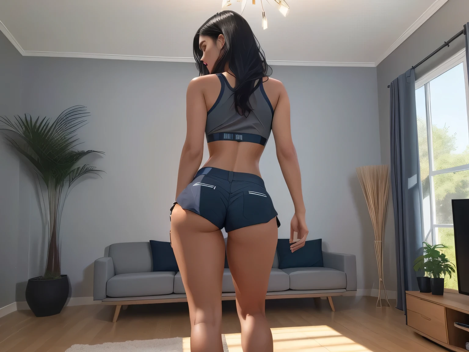 A beautiful light brunette woman, black hair, with a Wii remote control in a living room, sports bra and dark blue shorts, in shorts, filmed from the back, long shot of the back, filmed from the back, seen from the back, view from back, photo from behind, rear view, general shot of back, sports bra and shorts, rear view!!, rear photo. (ultra quality masterpiece) with toned body, 35 years old, 1.62 tall, 60 kg, best quality, perfect face, perfect mouth, perfect hands, (((black hair))), is standing, ( full body) wearing a tank top (((gray top)) )), dark blue short shorts (((short dark blue shorts)))), dark brown hair, dark blue short shorts for gym training, tanned body, pose sexy, shapely legs, well defined, high contrast, Ultra HD, high contrast, 16K. photorealistic, detailed and realistic hands, 5 fingers per hand, alone, dark hair, green thong bikini, full body photo, clear and high quality photo. Beautiful woman, extremely sexy, very sensual. Masterpiece: 1.3, high resolution, (photographically realistic), 8k, NUDE, NUDITY, NFSW.