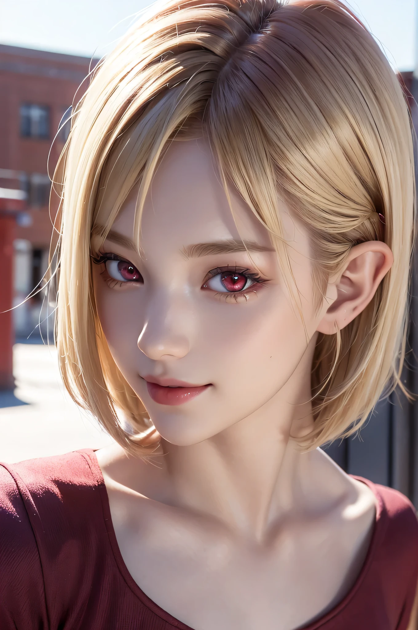 absurdres, (8k, RAW photo, best quality), masterpiece, hyper detailed, perfection, best quality, photo-realistic, (((1girl:1.2))), (((blond girl))), (((solo:1.2))), elf, elf ears, (((shortcut hair))), (((burgundy hair ends))),  (((scarlet red eyes))), (slanted red eyes, tsurime), blond eyebrows, (portrait:1.34), face shot, full-length:1.5, (((fashion model pose))), at schoolyard, daylight, amazing shadow, close-up, (evil smile), (((face close-up)))