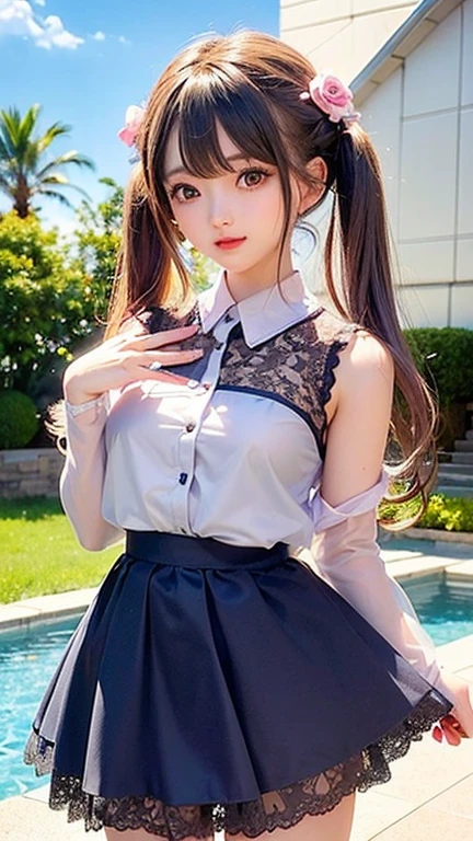 (highest quality, masterpiece), One girl, Twin tails、Pause, particle, Wind, flower, Upper Body, Simple Background, View your viewers, , Milky Way,smile、Turquoise eyes、（Silver Long Hair）、cute、Twin taililky way、Crescent Moon、、((flower柄、pink、Semi-transparent sailor suit、Her breasts are visible through her eyes.、Stylish lace mini skirt,Translucent swimsuit))、