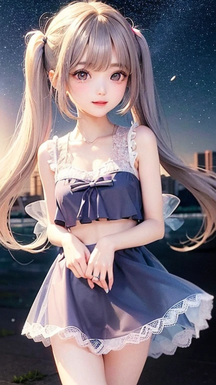 (highest quality, masterpiece), One girl, Twin tails、Pause, particle, Wind, flower, Upper Body, Simple Background, View your viewers, , Milky Way,smile、Turquoise eyes、（Silver Long Hair）、cute、Twin taililky way、Crescent Moon、、((flower柄、pink、Semi-transparent sailor suit、Her breasts are visible through her eyes.、Stylish lace mini skirt,Translucent swimsuit))、