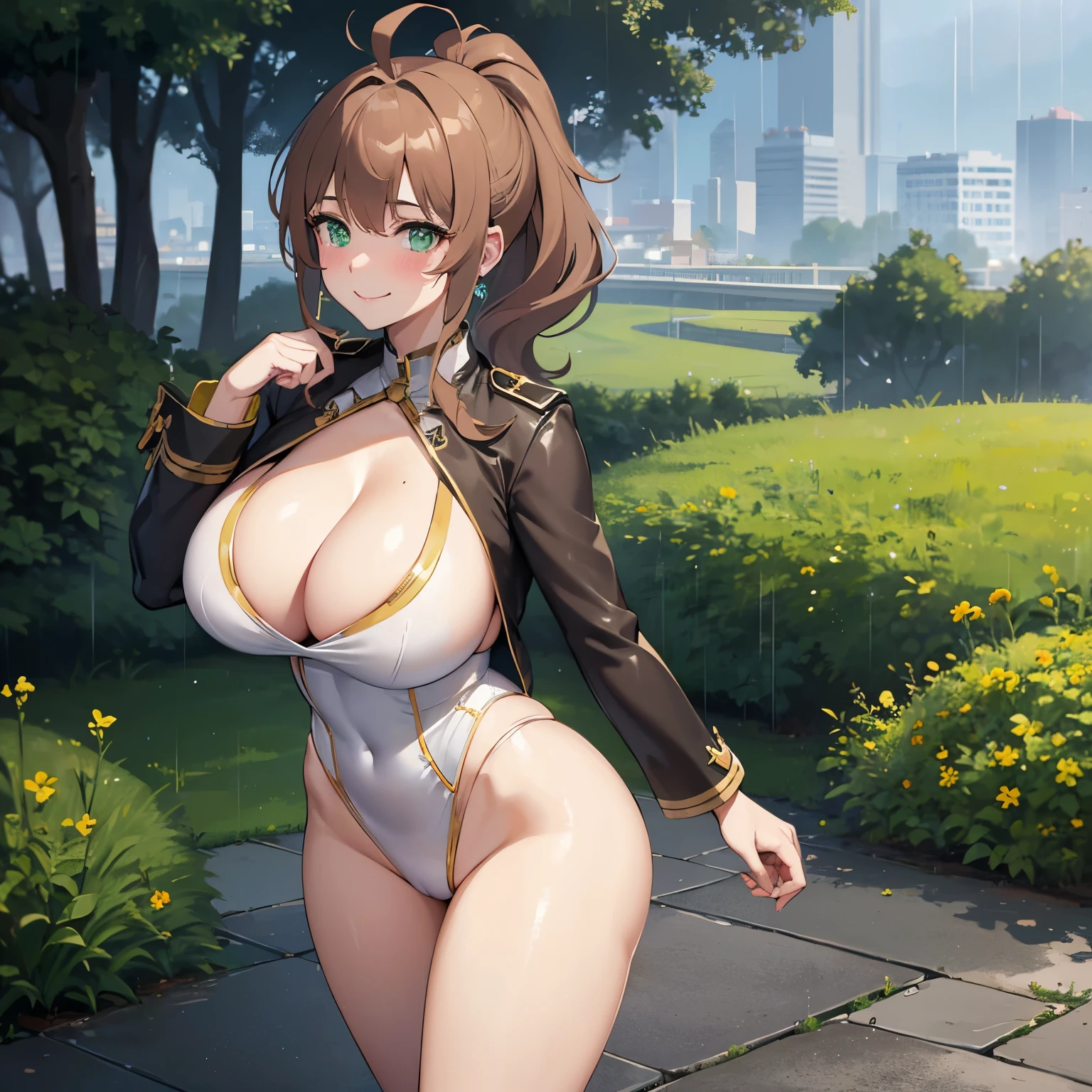 Masterpiece, Best Quality, Official Art, (Highly Detailed CG Unity 8k wallpaper), Detailed background, (Hands by Guido Daniele: 1.1), Feet out of frame, First Person View, 1, Attractive and Perfect Beautiful Woman, , JK, Uniform, Rainy Day, Lots of Rain, Windy, (Curvaceous), ( White Thighs: 1.12), (Brown Long Hair: 1.12), (Ahoge (1.13), (high ponytail: 1.12), (green eyes: 1.13), big, (cleavage), beautiful face, (blush: 1.11), (smile: 1.11)