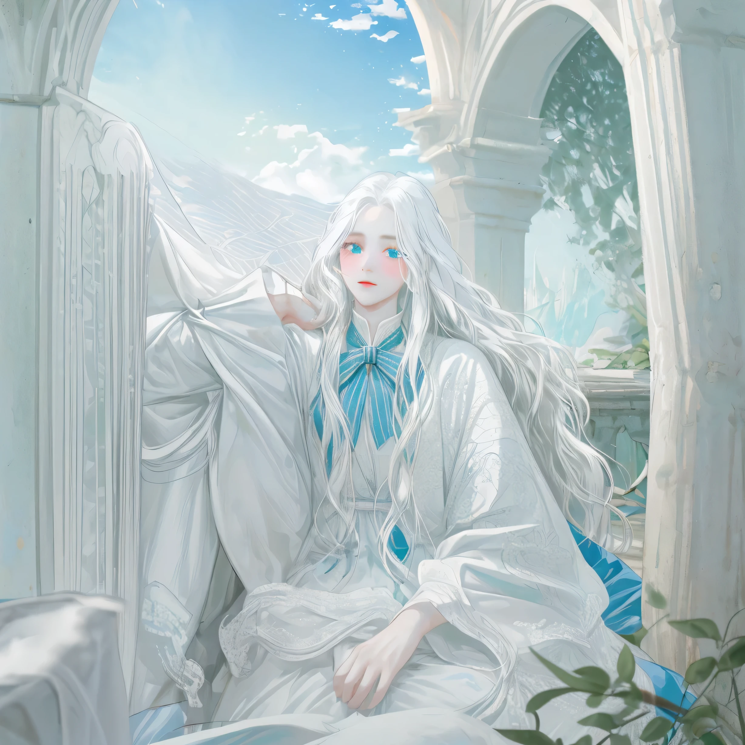 Long wavy white hair girl, with blue sky eyes in white dress as sage