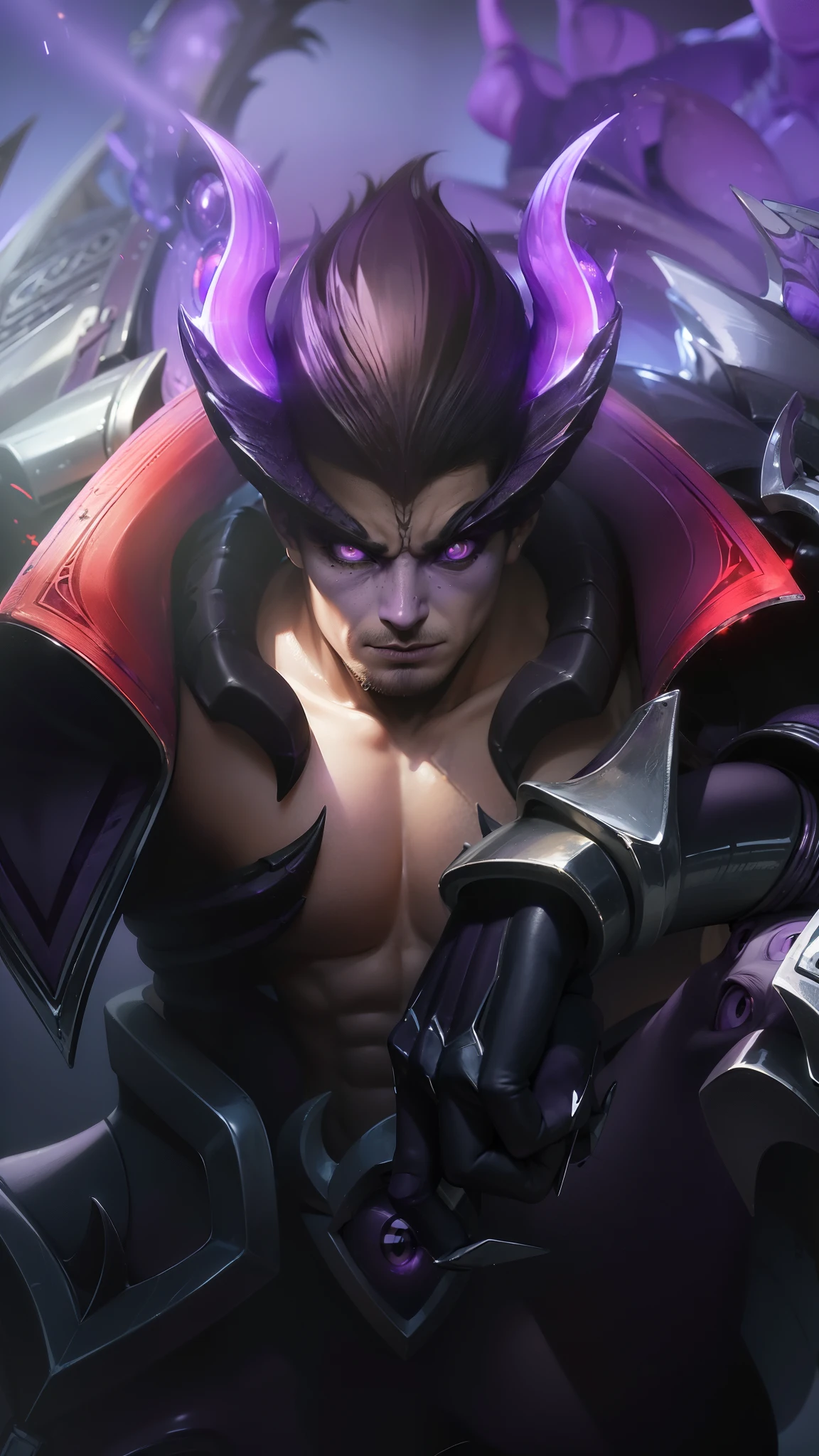 Muscle guy, 1 guy, 8k, ultra hd, ultra detailed texture, hyper realistic, masterpiece, detailed texture, detailed face, detailed skin, detailed lighting, (photorealistic:1.5), best quality, beautiful lighting, cinematic lighting, professional lighting, ultra highres, realistic, detailed hair, real hair, high quality, (realskin:1.5), extremely detailed, finely detail, ultra-detailed, standing, demon horns, forehead protector, (purple eyes:2.2), v-shapped eyebrow, black armor, depth of field, looking aways