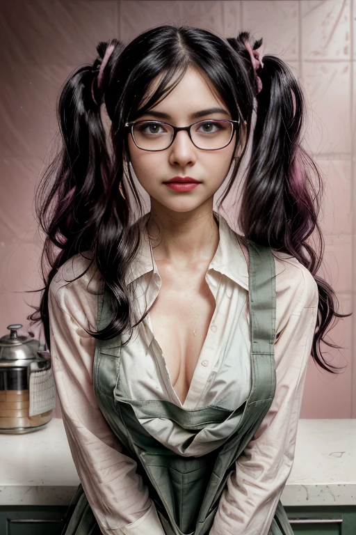 Portrait of a twintail black hair woman,glasses, slight smile,pink lips,green eyes,only wearing apron, sharp focus, no shirt, hd, ultra hd, 16k