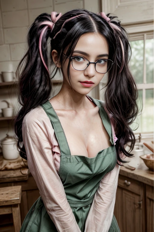 Portrait of a twintail black hair woman,glasses, slight smile,pink lips,green eyes,only wearing apron, sharp focus, no shirt, hd, ultra hd, 16k