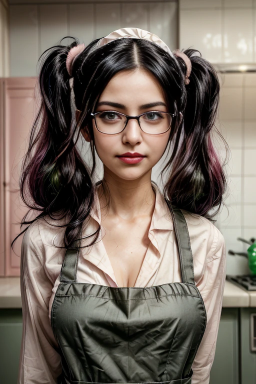 (1girl, Alone, alone), (black hair, short hair, red glasses), ((Alone, (1woman, (big breasts) pink lipstick, Black eyes), extremely detailed , Soft ambient lighting, 4K, perfect eyes, a perfect face, Perfect Lighting, the 1 girl)), ((fitness, , shapely body, athletic body, toned body)) , ((nude, grey apron, kitchen, window, shy smile)).STOP.Safe:for_Work:2