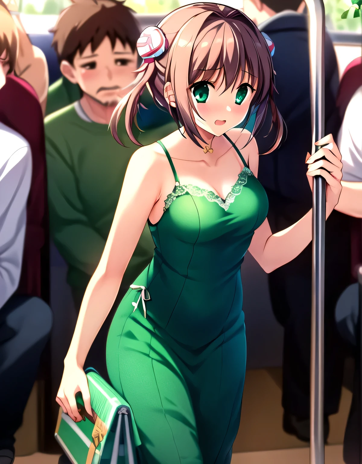 asakura_yume,Brown Hair,Normal chest,Aqua Eye,White skin,(((woman１people々))),((((in the train)))),((Are standing)),(((((Bust up shot))))),(((((green_Summer Dresses))))),((valley)between),No bra,smile,Open your mouth,nsfw, (((Middle-aged man with multiple beards))),(((By Meng_Surrounded by middle-aged male molesters))),(((By Meng_Being stared at by a pervert))),