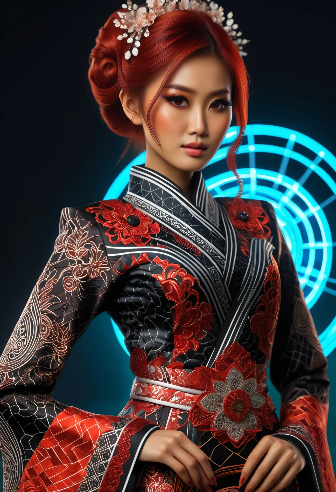 (high quality), (masterpiece), (detailed), 8K, Hyper-realistic digital illustration depicts the (upper body1.3) of a (Japanese woman1.3) with (vibrant red hair1.5) and (intense red eyes1.5) wearing a (futuristic kebaya1.2) with (intricate batik patterns1.2) inspired by Indonesian culture. Her (fantasy outfit1.2) is adorned with (glowing accents1.2) and (neon lights1.2), reflecting the modern and futuristic atmosphere. In style of Ash Thorp, trending on DeviantArt.