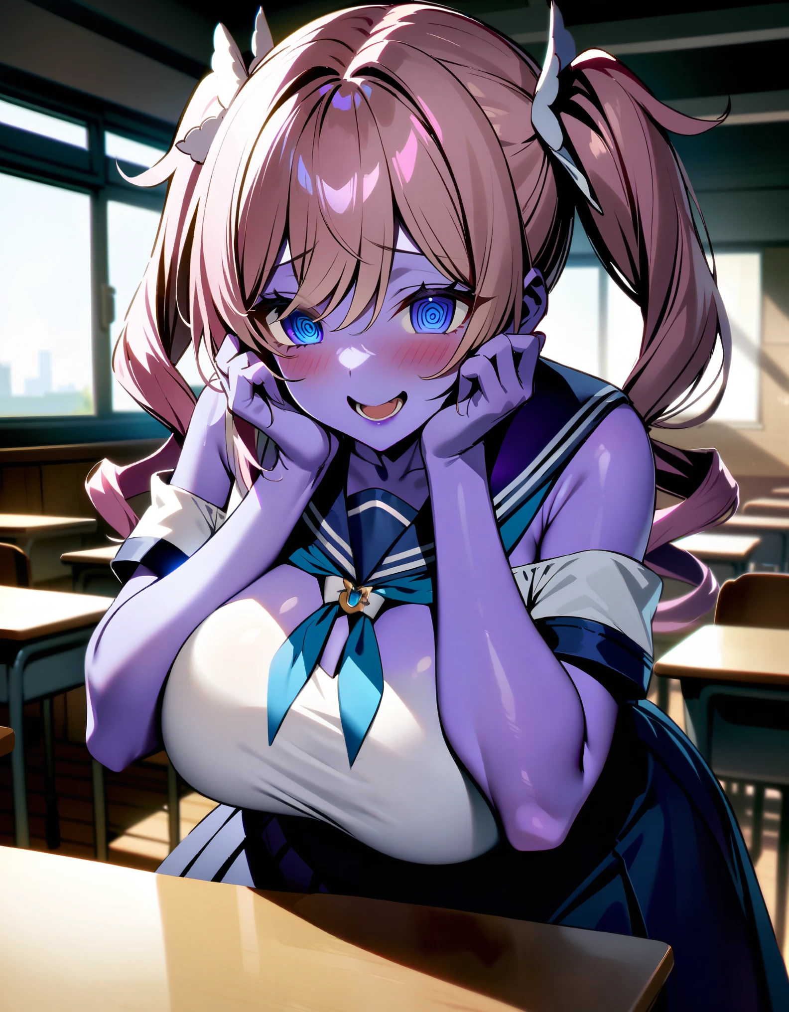 masterpiece, best quality, extremely detailed, 1girl, (milf, motherly:1.2), solo, (colored skin, purple skin:2), Barbara, (huge breasts:1.34), ((((pink hair), very long hair, twintails, blue eyes))), purple lips, (((seifuku, off-shoulder, medium skirt, pantyhose))), ((@_@, yandere trance, evil smile), open mouth), ((hands on own face, classroom))