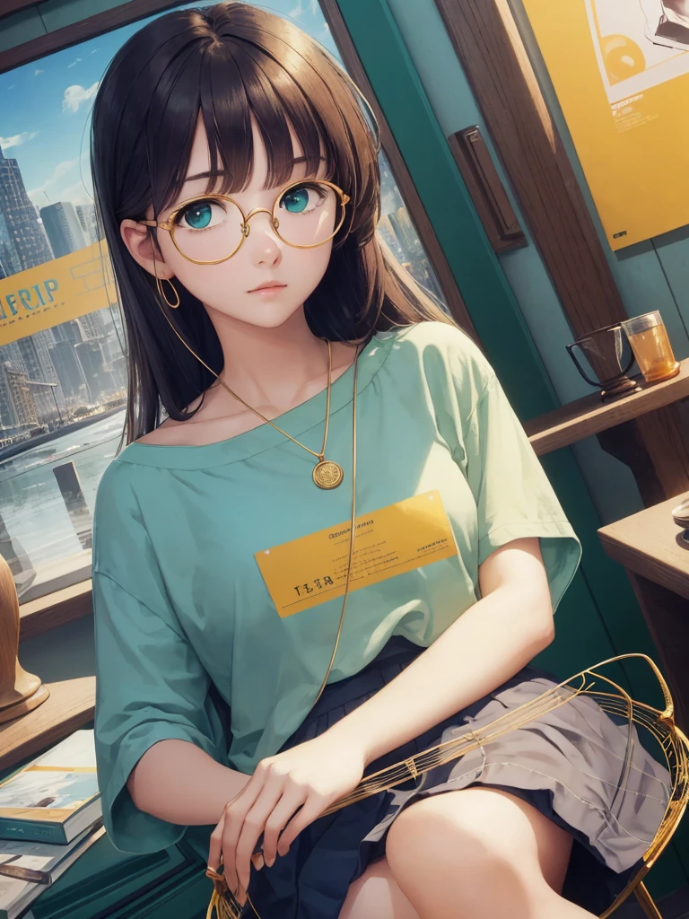 (Masterpiece, highest quality, super large resolution); (CG illustration); (a cute and cute girl); (sleepiness) (exhaustion); ((round-framed gold wire glasses)), (fashionable) (trendy); Rich colors, cyan, orange, yellow, green, cyan, blue, purple, fashion typography, magazine cover poster, hyper-detail, art, title, logo, label, badge, graphic design, detail post-processing, depth of field, high brightness, high saturation, more white space;