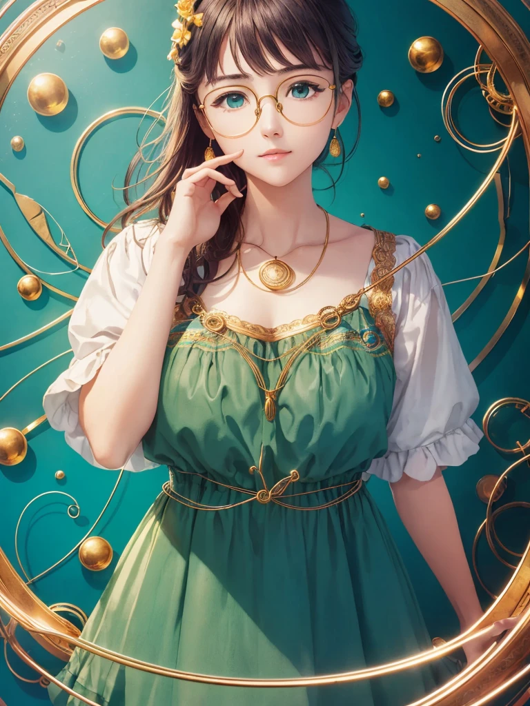 (Masterpiece, highest quality, super large resolution); (CG illustration); (a cute and cute girl); (sleepiness) (exhaustion); ((round-framed gold wire glasses)), (fashionable) (trendy); Rich colors, cyan, orange, yellow, green, cyan, blue, purple, fashion typography, magazine cover poster, hyper-detail, art, title, logo, label, badge, graphic design, detail post-processing, depth of field, high brightness, high saturation, more white space;