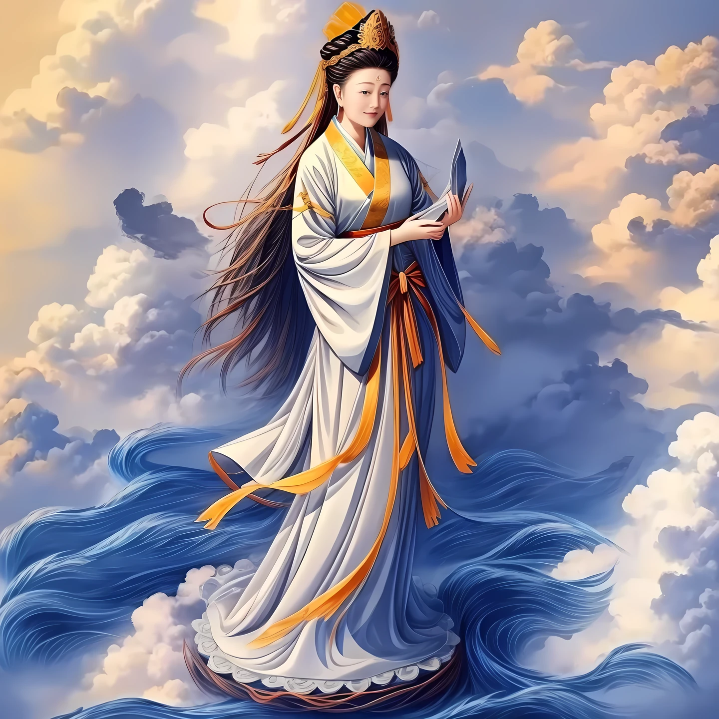 ((best quality)), ((masterpiece)),
((guanyin,1girl)),(cloud),hanfu,dress,chinese clothes,(chinese text,  text focus,wall of text),