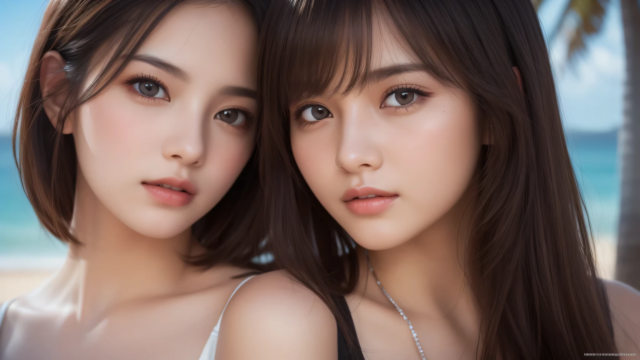 (2girl), (cleavage), (Best Quality:1.4), (Ultra-detailed), (extremely detailed beautiful face), brown eyes, (highly detailed Beautiful face), (extremely detailed CG unified 8k wallpaper), Highly detailed, High-definition raw color photos, Professional Photography, Realistic portrait, evening, Extremely high resolution, beach, Palm tree, (Fine face:1.2),