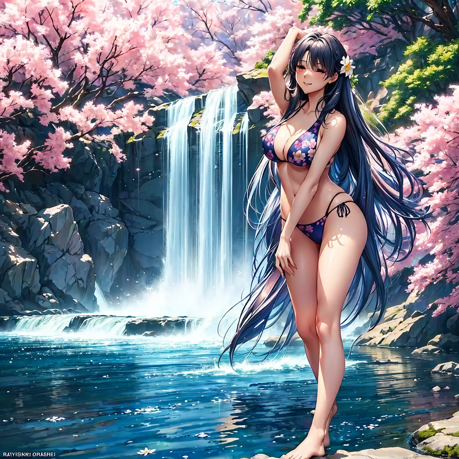 (((highest quality、masterpiece、Very high resolution、Highly detailed images)))、Beauty Painting,A woman of perfect and ultimate beauty:18-year-old, Beautiful body,Beautiful breasts、Beautiful Face:smile、Various Hair Styles、Best skin and hair texture、((Thong bikini swimsuit:かわいいThong bikini swimsuit:Floral)),Mystical Waterfront:Beautiful waterfall and flowers blooming in summer,Night Sky:Starry Sky,Natural light,Beautiful views,Beautiful colors,Model shoot:Beautiful pose,Hair blowing in the wind,Overall image、Accurate Images、Accurate anatomy、Flawless images,Perfect image,Overall image,(Perfect detail、Best Shot,RAW Photos:1.2)