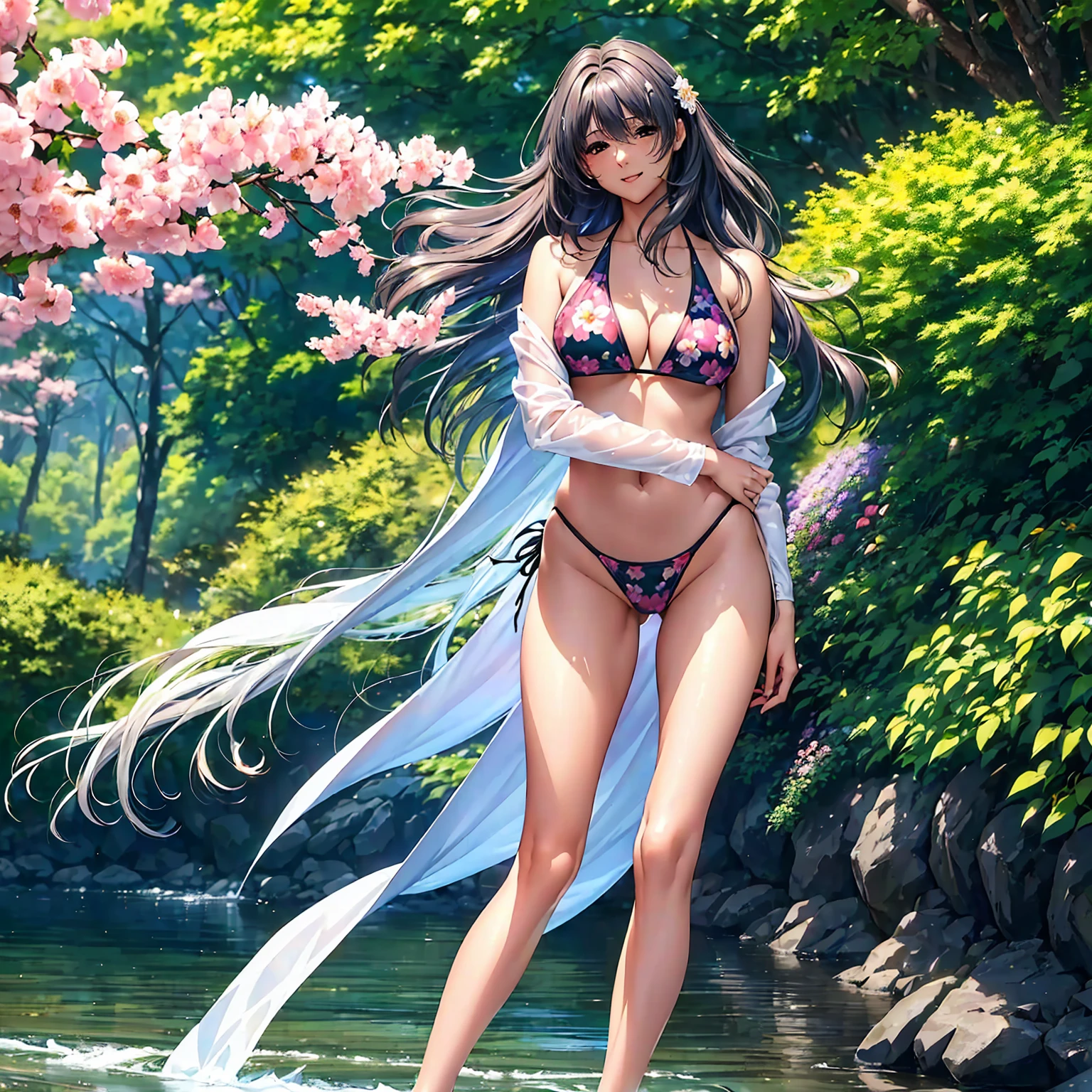 (((highest quality、masterpiece、Very high resolution、Highly detailed images)))、Beauty Painting,A woman of perfect and ultimate beauty:18-year-old, Beautiful body,Beautiful breasts、Beautiful Face:smile、Various Hair Styles、Best skin and hair texture、((Thong bikini swimsuit:かわいいThong bikini swimsuit:Floral)),Mystical Waterfront:Beautiful waterfall and flowers blooming in summer,Night Sky:Starry Sky,Natural light,Beautiful views,Beautiful colors,Model shoot:Beautiful pose,Hair blowing in the wind,Overall image、Accurate Images、Accurate anatomy、Flawless images,Perfect image,Overall image,(Perfect detail、Best Shot,RAW Photos:1.2)