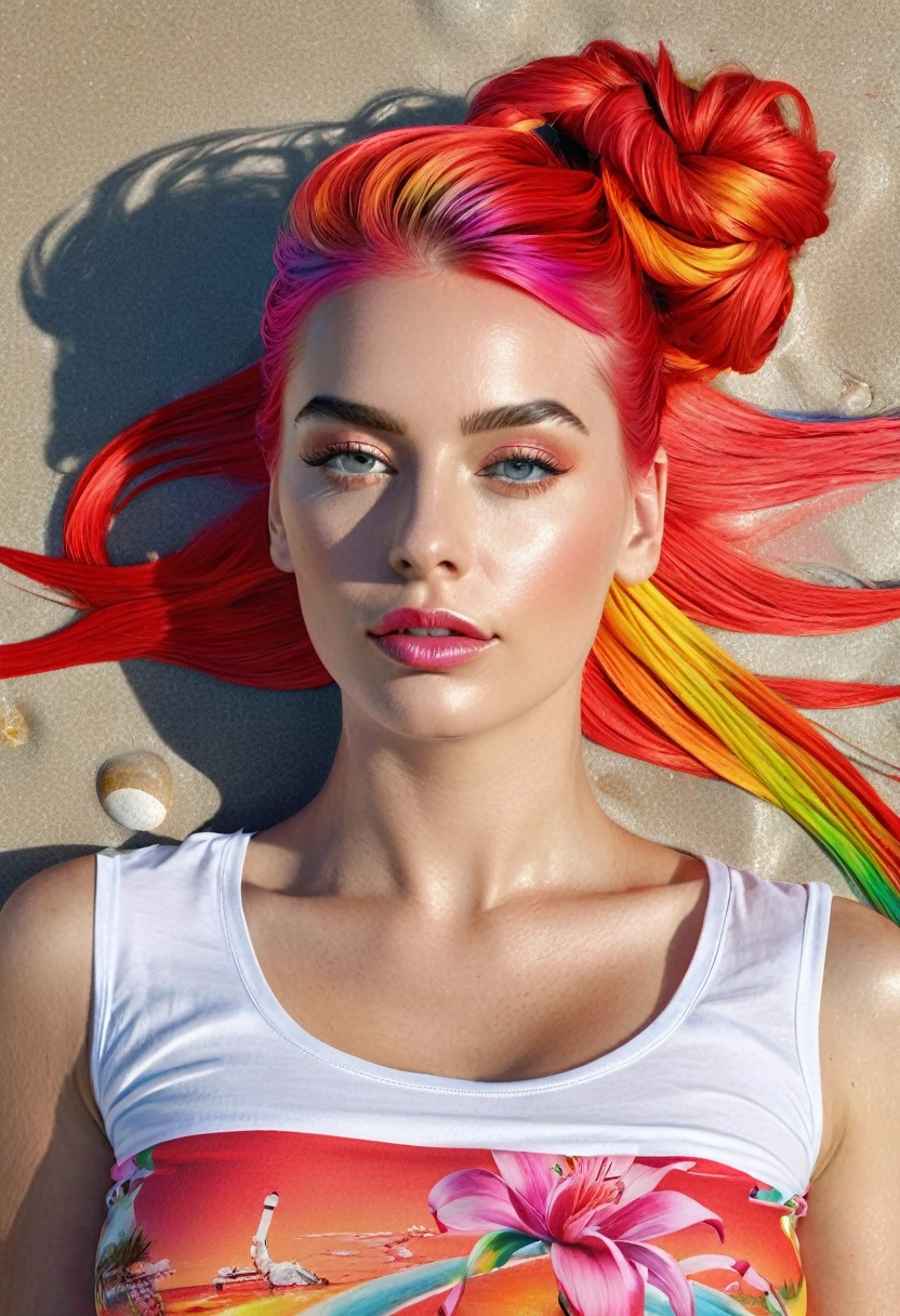 Hyperrealistisches Foto einer stolzen, beautiful woman with tied hair and colorful hair, T-Shirt, Lilly von Cremont, am Strand, with red water wings, upper body