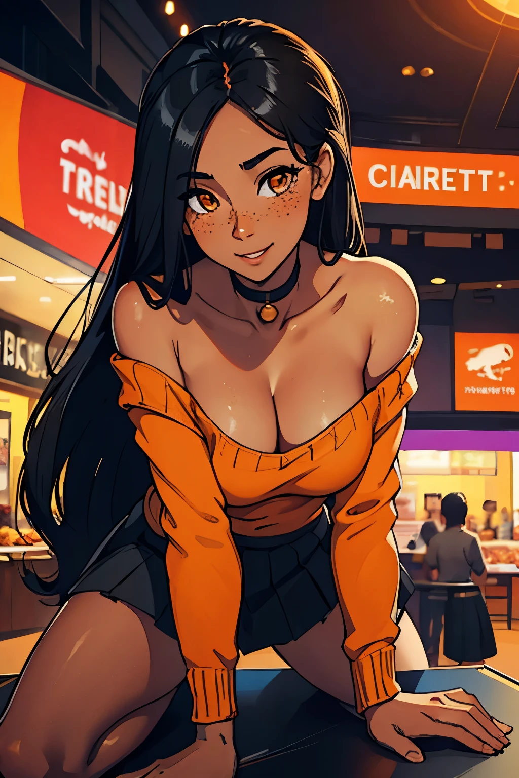beautiful woman, black hair, orange eyes, freckles, large breasts, extreme cleavage, deep cleavage, thin body, extremely long hair, hair covering one eye, dark skin, off-shoulder sweater, tiny pleated miniskirt, high heels, seductive, happy, smiling, extreme blushing, shopping mall background, 4K, 8K, high resolution, best quality, crisp detail, high definition, ultra-detailed, masterpiece, perfect anatomy