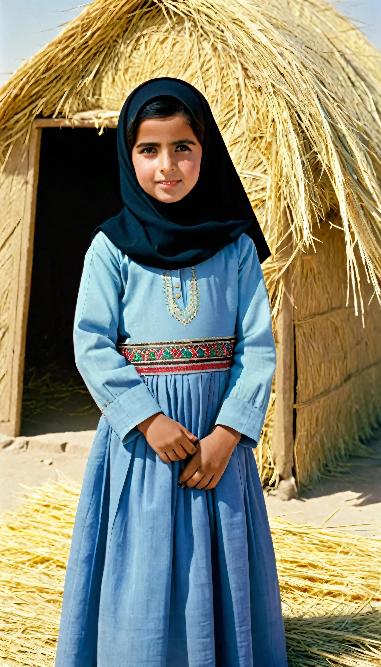 1girl, 6-years old, solo, an Iraqi wearing traditional clothing at the theshold of a hut, wearing hijab, background includes hay and outdoor elements, black_hair, standing, looking_at_viewer, 1950s
