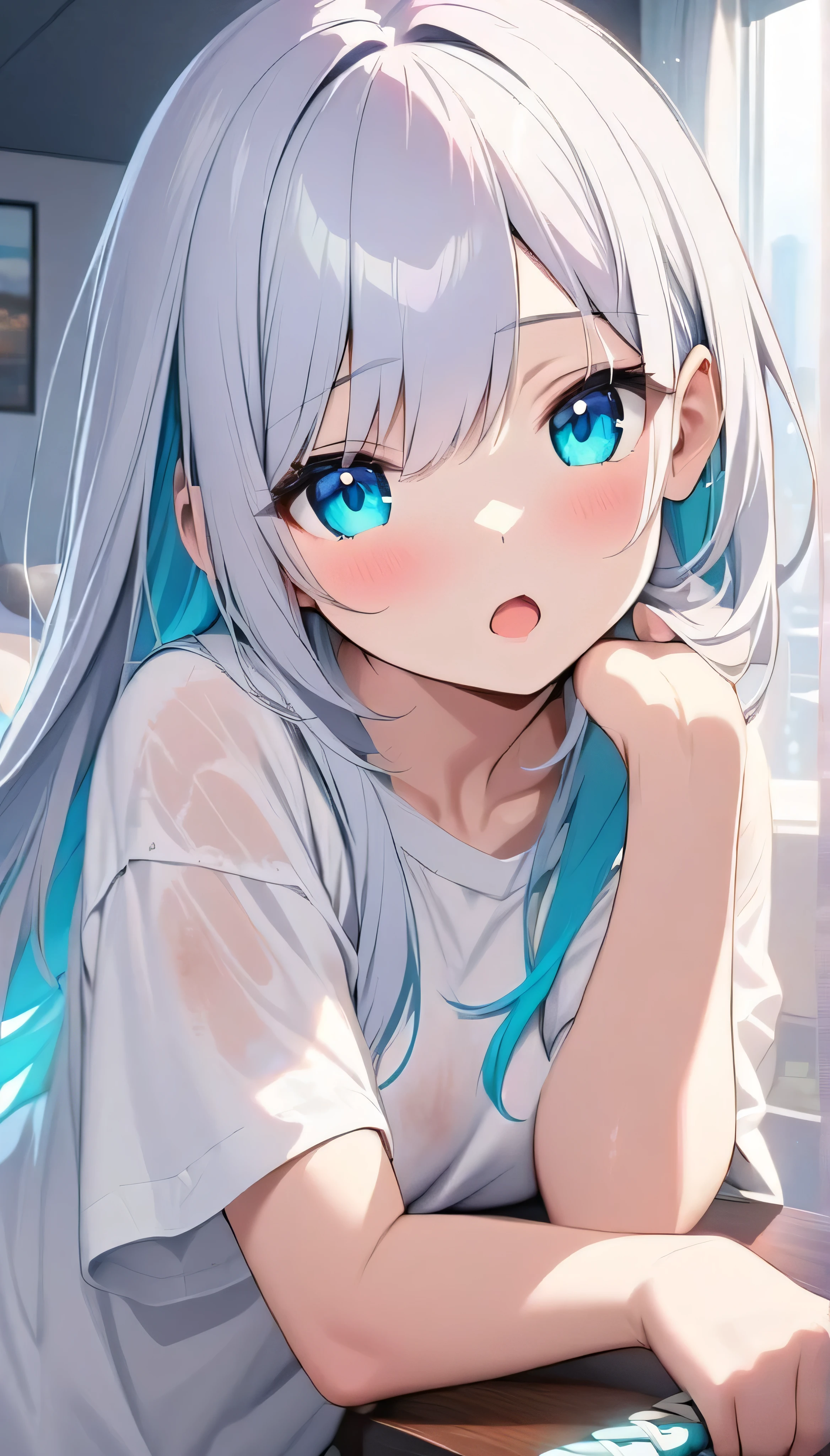 Resolution full, best quality, masterpiece, full HD, beautifull girl, foggy theme, super detailed, 1girl, cute girl, long hair, silver  hair, blue inner hair, detailed beautiful aqua eyes. Open mouth. Dirty shirt. Dirty and bound face. white T - shirt oversized, holding glowing katana. Head rest at table, at bedroom, window, city view.  bokeh. Depth of field.