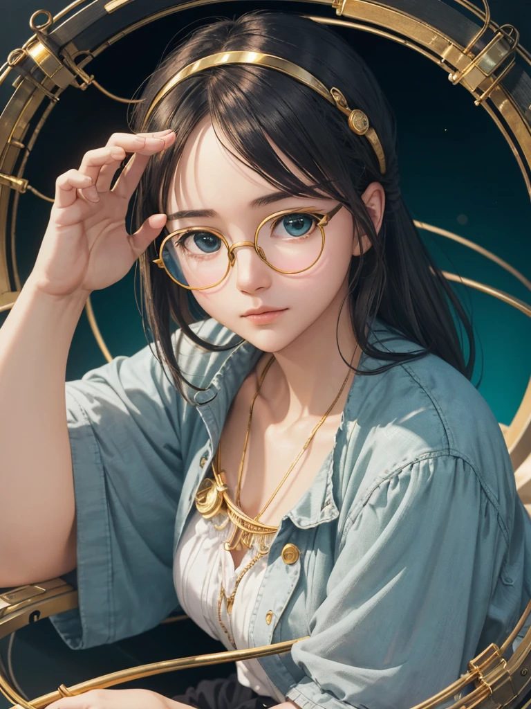 (Masterpiece, highest quality, super large resolution); (CG illustration); (a cute and cute girl); (sleepiness) (exhaustion); ((round-framed gold wire glasses)), (fashionable) (trendy); Rich colors, cyan, orange, yellow, green, cyan, blue, purple, fashion typography, magazine cover poster, hyper-detail, art, title, logo, label, badge, graphic design, detail post-processing, depth of field, high brightness, high saturation, more white space;