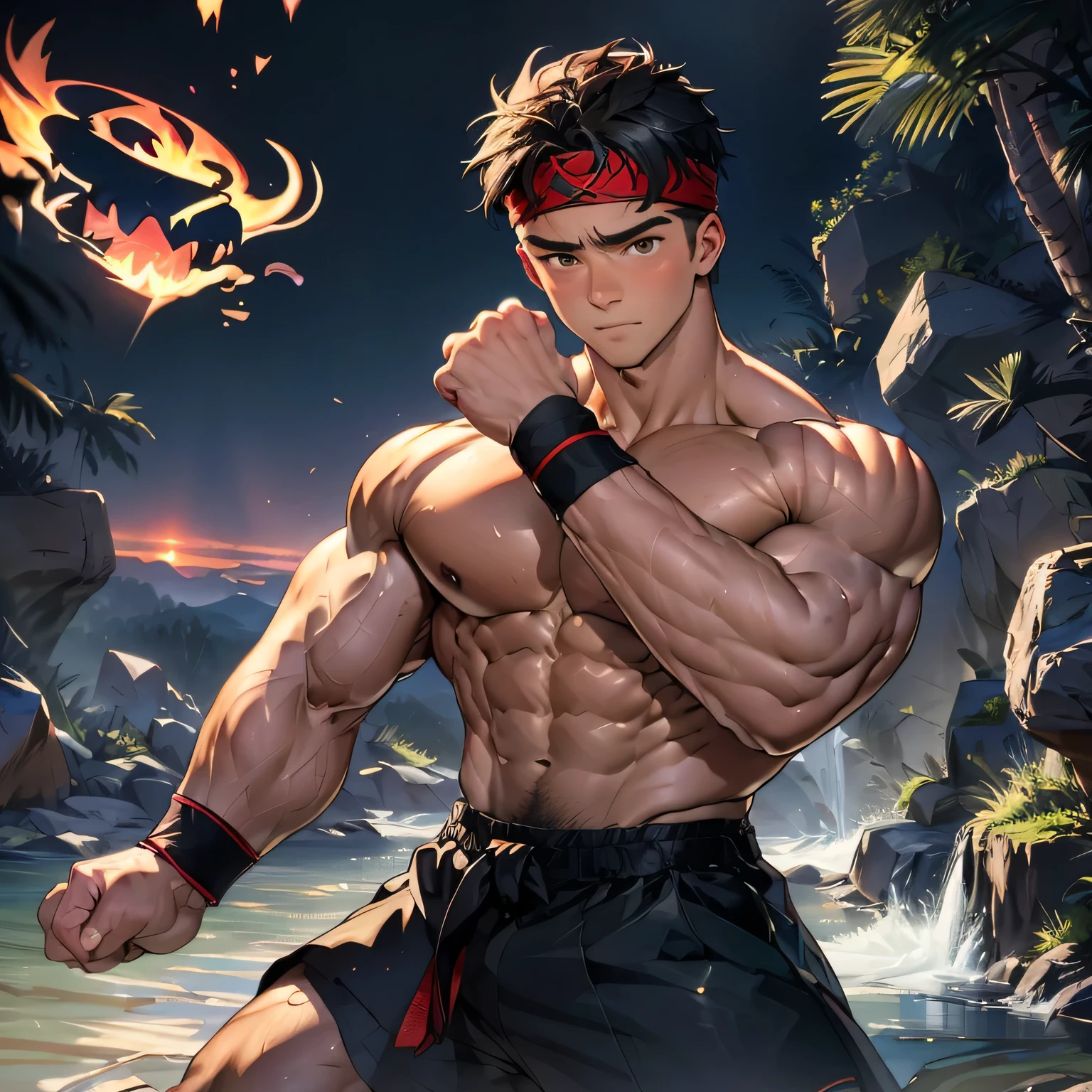 (Masterpiece, Best quality 19 year old boy, black background, looking away), solo, Young, boy, muscler, Shirtless, topless, (Dark Short straight hair, under cut, brown eyes), (red headband, ((black wristband))), Vivid colors, (hot Abs:1.2, abs!, big abs, big breast:1.2, chest!, muscler upper arms), (topless male), muscler!, muscler body, detailed face, detailed muscle, serious, (((A magical mystical aura power:1.4, rippling muscles, martial arts poses)))