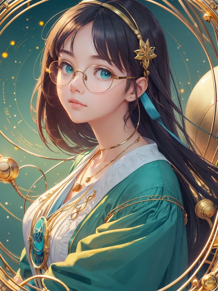 (Masterpiece, highest quality, super large resolution); (CG illustration); (a cute and cute girl); (sleepiness) (exhaustion); ((round-framed gold wire glasses)), (fashionable) (trendy); Rich colors, cyan, orange, yellow, green, cyan, blue, purple, fashion typography, magazine cover poster, hyper-detail, art, title, logo, label, badge, graphic design, detail post-processing, depth of field, high brightness, high saturation, more white space;