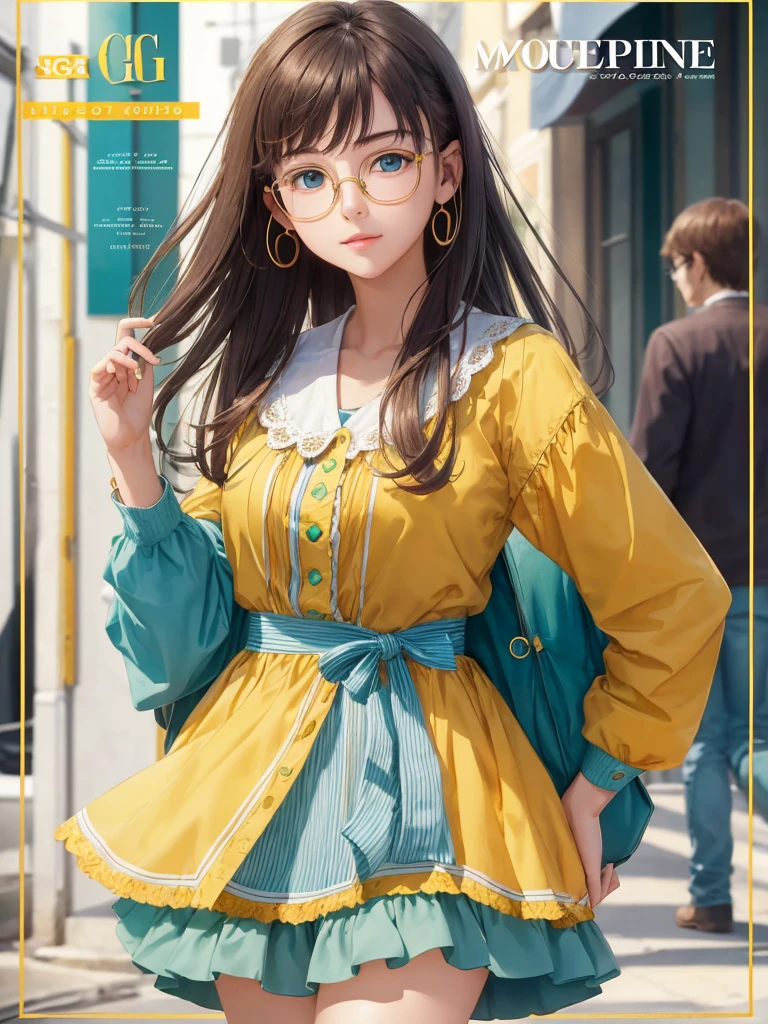 (Masterpiece, highest quality, super large resolution); (CG illustration); (a cute and cute girl); (sleepiness) (exhaustion); ((round-framed gold wire glasses)), (fashionable) (trendy); Rich colors, cyan, orange, yellow, green, cyan, blue, purple, fashion typography, magazine cover poster, hyper-detail, art, title, logo, label, badge, graphic design, detail post-processing, depth of field, high brightness, high saturation, more white space;