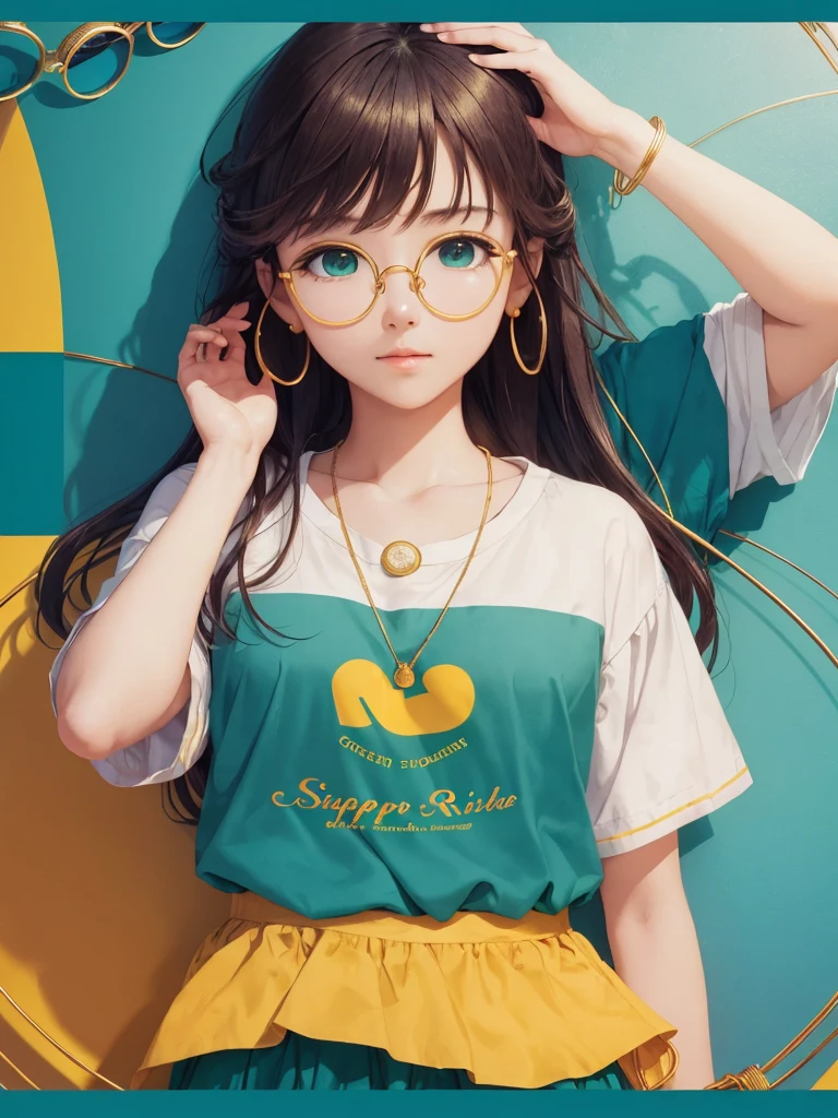 (Masterpiece, highest quality, super large resolution); (CG illustration); (a cute and cute girl); (sleepiness) (exhaustion); ((round-framed gold wire glasses)), (fashionable) (trendy); Rich colors, cyan, orange, yellow, green, cyan, blue, purple, fashion typography, magazine cover poster, hyper-detail, art, title, logo, label, badge, graphic design, detail post-processing, depth of field, high brightness, high saturation, more white space;