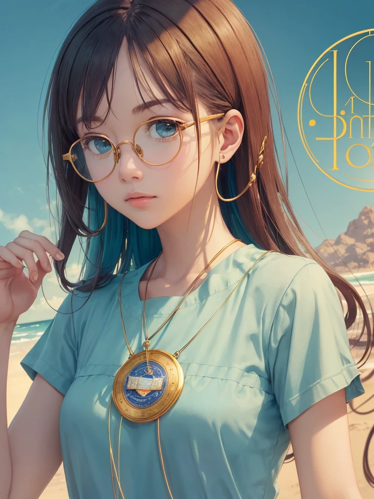 (Masterpiece, highest quality, super large resolution); (CG illustration); (a cute and cute girl); (sleepiness) (exhaustion); ((round-framed gold wire glasses)), (fashionable) (trendy); Rich colors, cyan, orange, yellow, green, cyan, blue, purple, fashion typography, magazine cover poster, hyper-detail, art, title, logo, label, badge, graphic design, detail post-processing, depth of field, high brightness, high saturation, more white space;