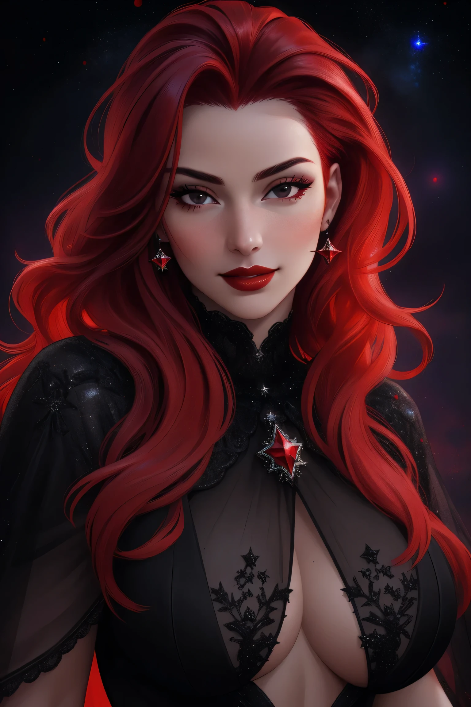 (Masterpiece - Ultra-Detailed, High Resolution)  ((vivid red hair)), mature woman, 30 years old, diamond face, red starry sky background, depth of field, magic, big red lips, ((dark and black eyes)) black and red long and full dress, covered chest, mystical atmosphere, ominous shadows, Intense blue aura, Intense red aura (best quality:1.2), absurdres, intricate details, (highly detailed skin:1.2), smile expression, posing, taut and well defined body, attractive. Highly realistic, white skin, beautiful, hyperrealism, skin very elaborated, direct gaze.