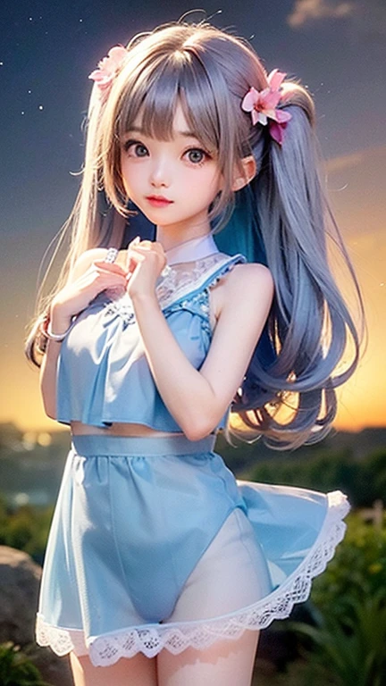 (highest quality, masterpiece), One girl, Twin tails、Pause, particle, Wind, flower, Upper Body, Simple Background, View your viewers, , Milky Way,smile、Turquoise eyes、（Silver Long Hair）、cute、Twin taililky way、Crescent Moon、、((flower柄、pink、Semi-transparent sailor suit、Her breasts are visible through her eyes.、Stylish lace mini skirt,Translucent swimsuit))、、Garternel