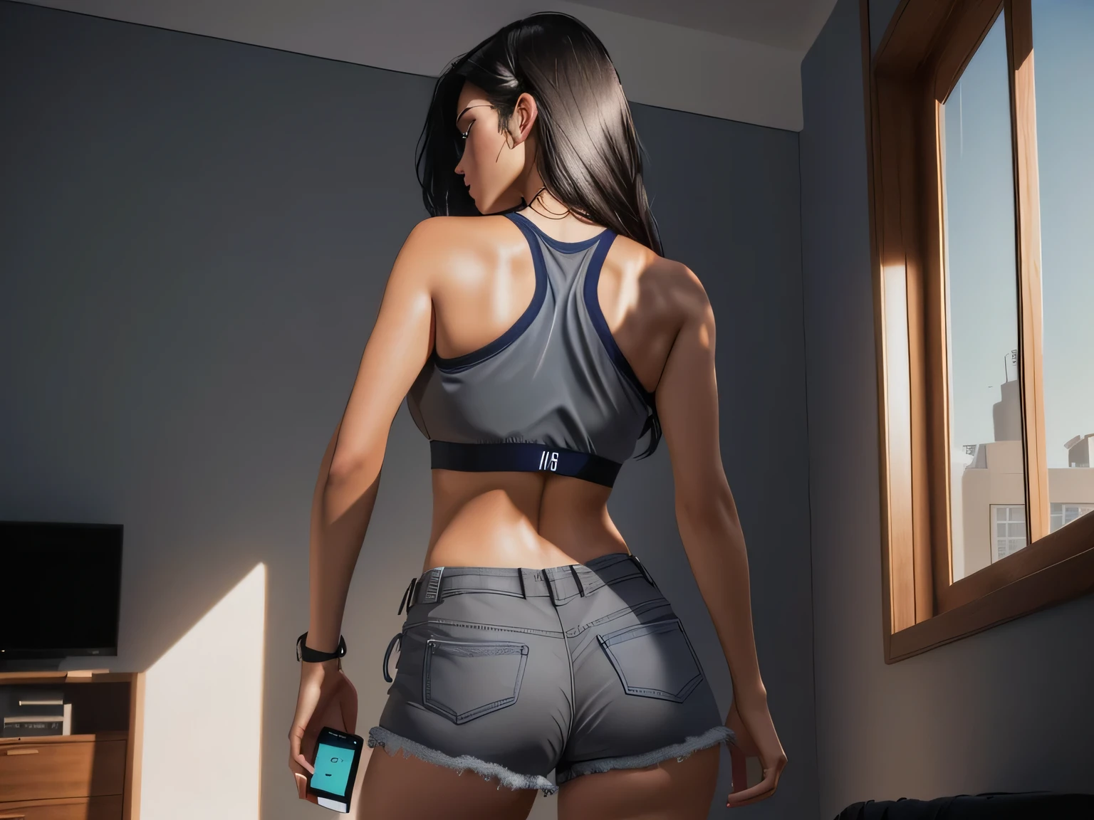 tem uma mulher de blusa preta e short branco curto, justo e apertado, view from behind, view from behind, de volta - tiro, view from behind, tiro traseiro, Rear view, tiro pelas costas, linda mulher, corpo perfeito, boas pernas bem torneadas,, Rear view, vista lateral, photo from behind, coisas grossas, vista lateral, view from behind, from behind, foto lateral, there is a woman in blue shorts playing video games, pose de costas. foto de corpo inteiro, claro photo, alta qualidade, high resolution, obra de arte, 8k. apta. foto de corpo inteiro, claro, alta qualidade, high resolution, obra de arte, 8k.