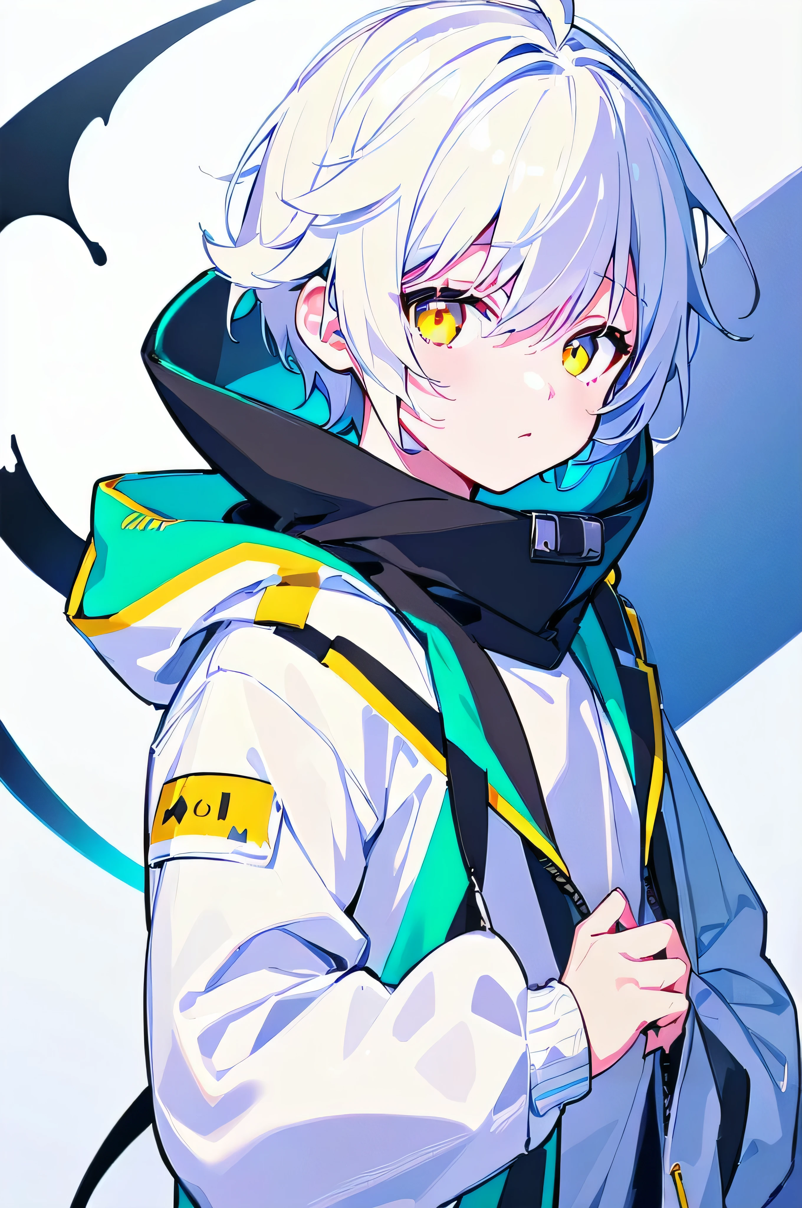 [(WHITE BACKGROUND:1.5),::5], ((((masterpiece)))), high quality, ultra_very_high_resolution, large_filesize, full color, (((solo))), ((little boy)), ((((white color short hair)))), yellow eyes, anime, upper body, neon light, black parka,