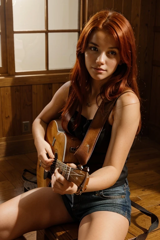 beautiful girl with red hair playing guitar in a wooden room