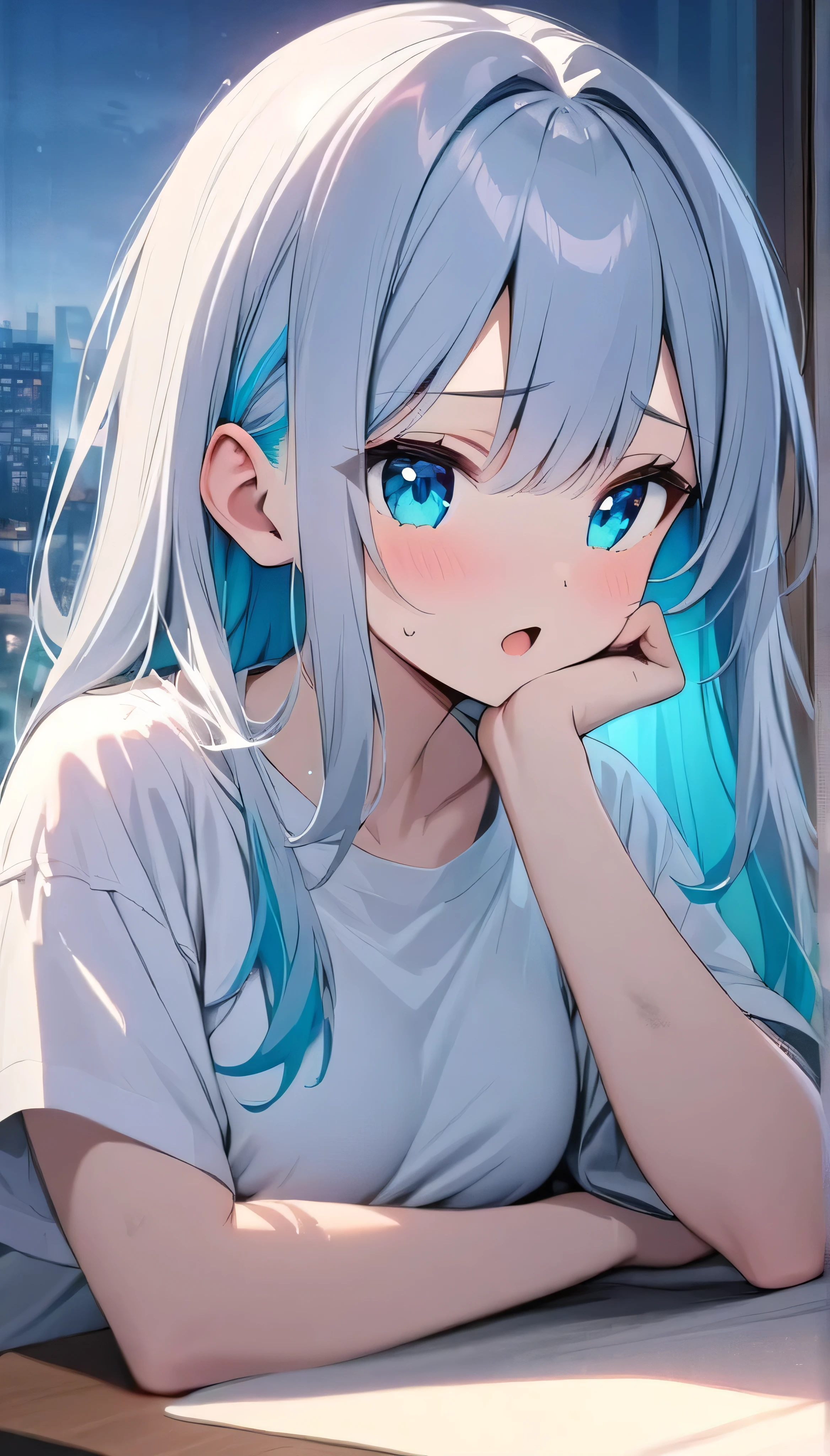 Resolution full, best quality, masterpiece, full HD, beautifull girl, foggy theme, super detailed, 1girl, cute girl, long hair, silver  hair, blue inner hair, detailed beautiful aqua eyes. Open mouth. Dirty shirt. Dirty and bound face. white T - shirt oversized, holding glowing katana. Head rest at table, at bedroom, window, city view.  bokeh. Depth of field.