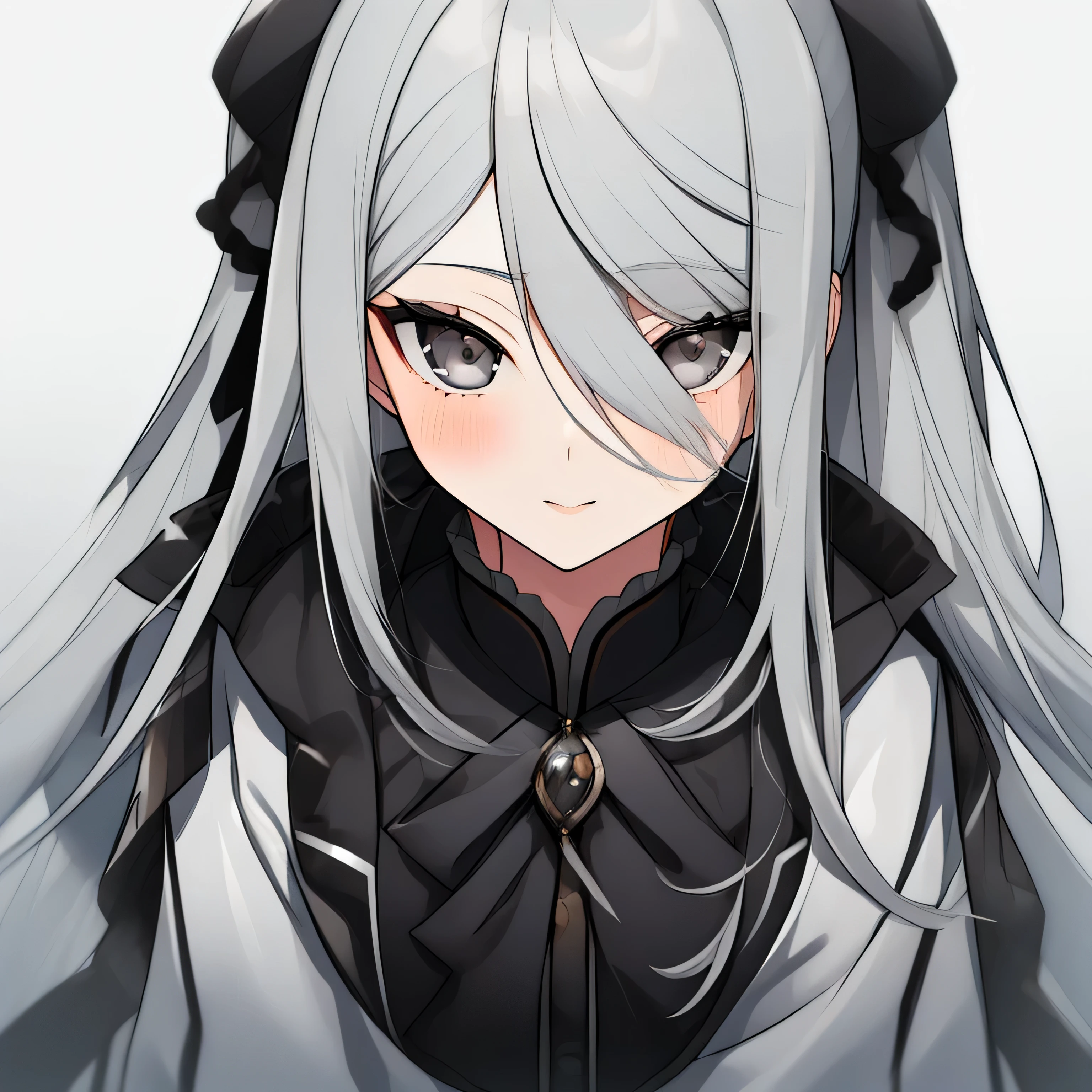 1girl, best quality, exquisite facial features, perfect face, bishoujo, ojousama, black eyes color, straight long grey hair, hime style bangs, black and grey clothes,full body