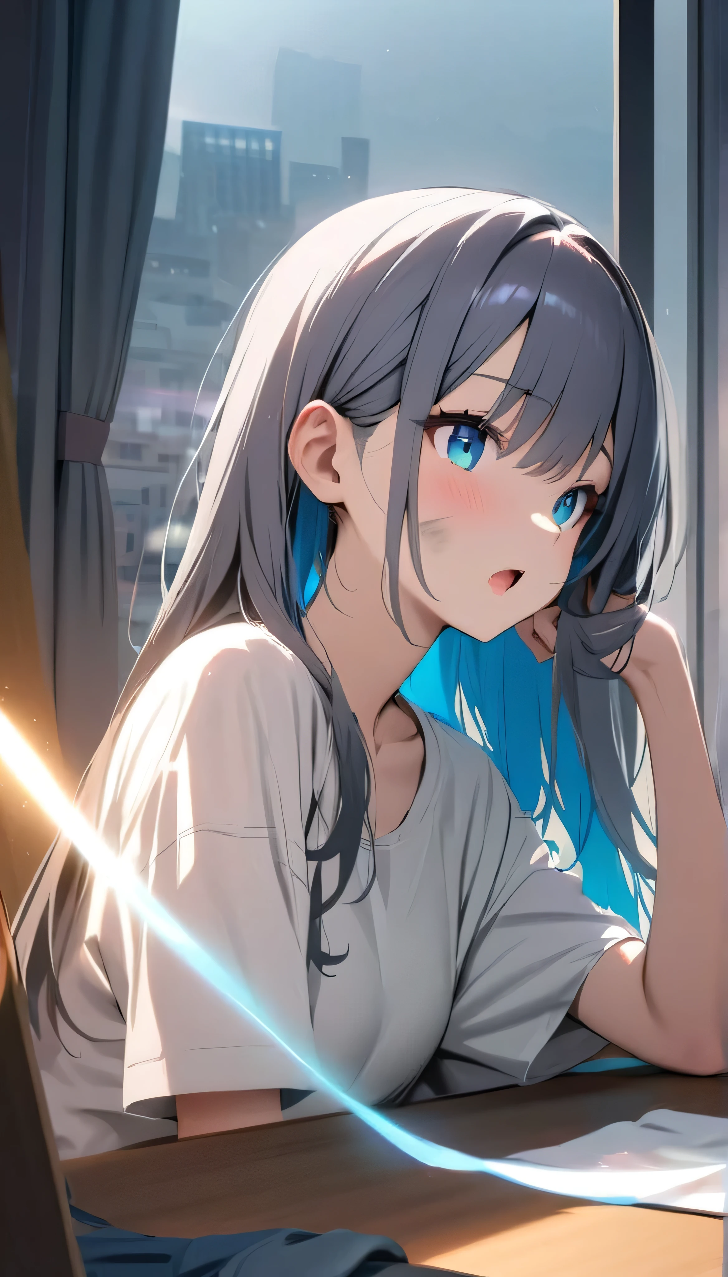 Resolution full, best quality, masterpiece, full HD, beautifull girl, foggy theme, super detailed, 1girl, cute girl, long hair, dark grey hair, blue inner hair, detailed beautiful cyan eyes. Open mouth. Dirty shirt. Dirty and bound face. white T - shirt oversized, holding glowing katana. Head rest at table, at bedroom, window, city view.  bokeh. Depth of field.