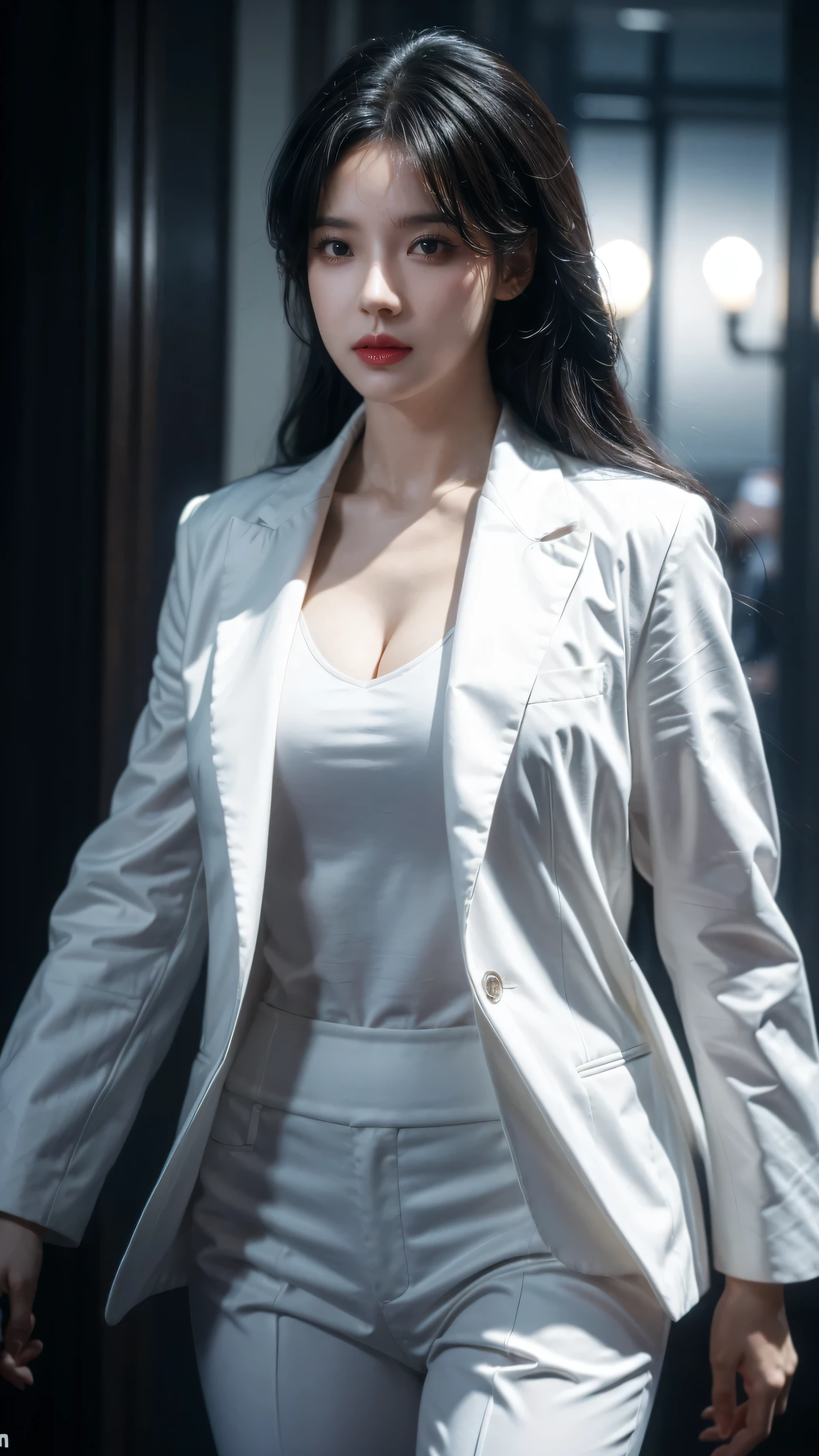 Thriller, stormy, Dressed in a white suit、The mysterious agent with scars on his face,Can disappear from the minimap for a few seconds, A mansion full of traps and enemies from Free Fire, 16K, dark