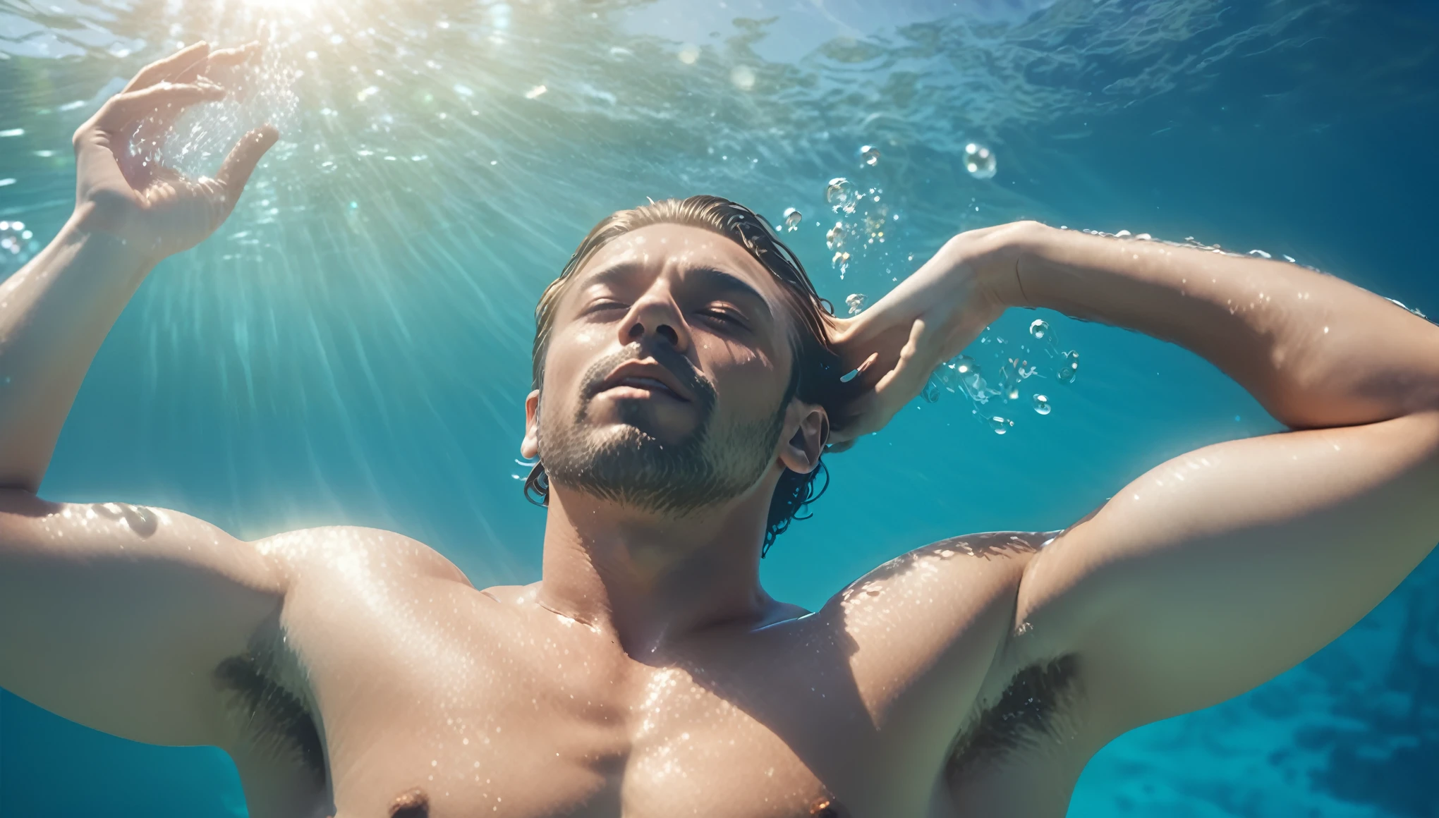 cinematic image : Stunningly naked men ((ass)) with muscle thigh in blue underwater, swimming to surface ass close up on the deep ocean full of bubble in bright sunlight in slow motion. ((bokeh))) ((((bokeh light) (8k, RAW photo, best quality, masterpiece:1.2),