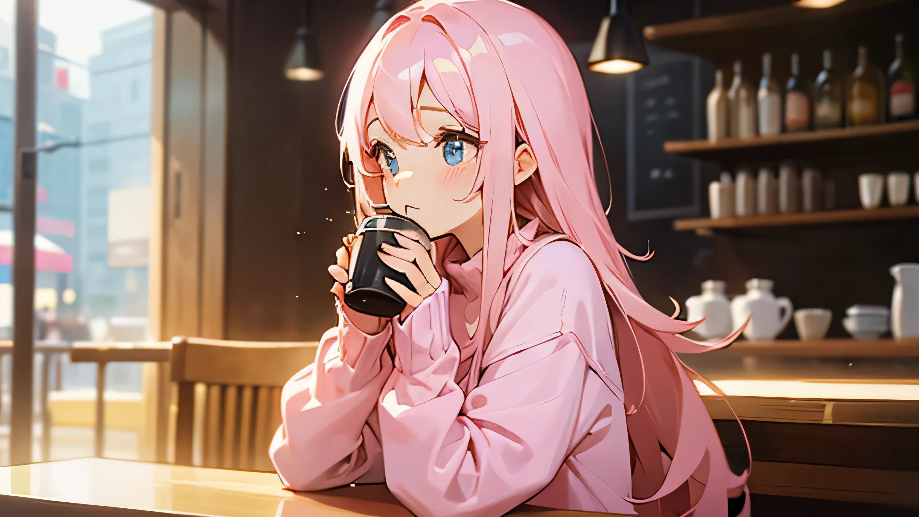 Beautiful girl drinking coffee in a stylish cafe。Warm lighting。Wearing a pastel pink sweater。Anime Style。cute。