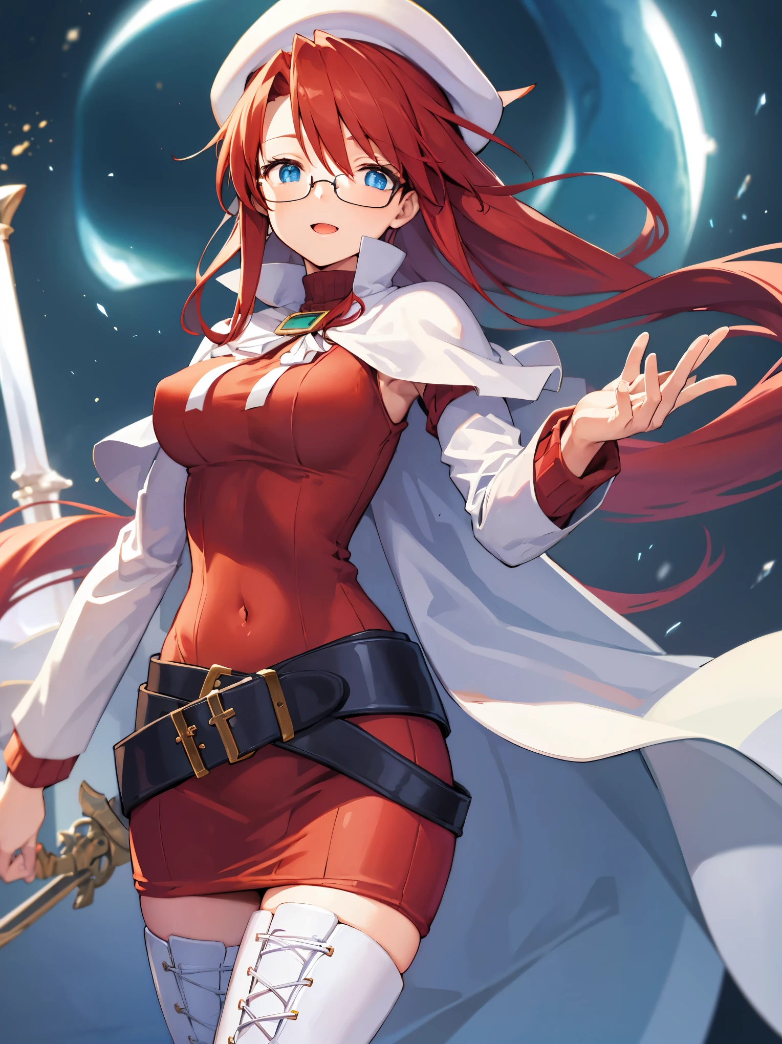 summonnightaty, aty, long hair, blue eyes, red hair, beret, hat, glasses,
BREAK long hair, thighhighs, hat, dress, boots, glasses, belt, cape, sweater, zettai ryouiki, beret, thigh boots, white footwear, ribbed sweater, loose belt,solo,
BREAK outdoors, fantasy,on_a_ship,
BREAK (masterpiece:1.2), best quality, high resolution, unity 8k wallpaper, (illustration:0.8), (beautiful detailed eyes:1.6), extremely detailed face, perfect lighting, extremely detailed CG, (perfect hands, perfect anatomy),covered_nipples,covered_navel,light_smile ,(half_eyes:1.4),long_sword,edge,armpit,sleepy,dynamic_standing,red_sweater,apart_legs,magical_effect,pulmp,big_tits,light_open_mouth,prepare_a_sword