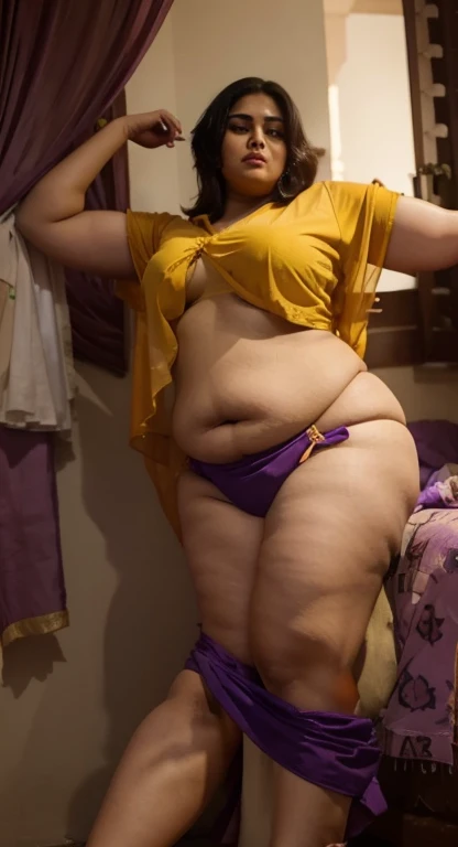 Fat plus size indian bhabhi wearing purple saree and sleeveless yellow blouse, she has wide big belly, big thighs perfect